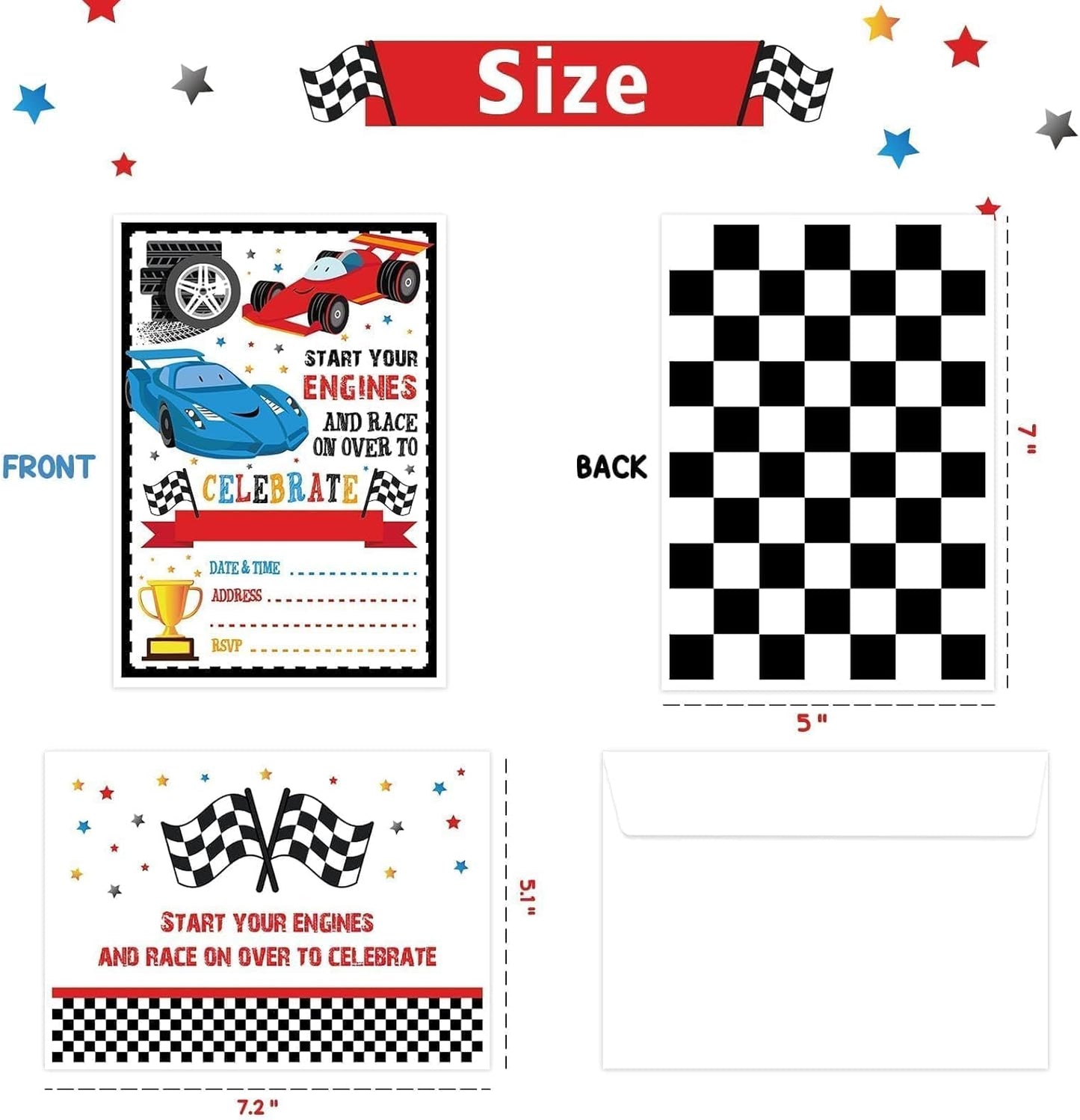 WERNNSAI 20 Count Racing Car Party Invitation - Race Car Birthday Invitation with Envelopes for Boys Kid Cars Party Supplies Racing Birthday Invite Cards Fill-in Style for Baby Shower Graduation Favor