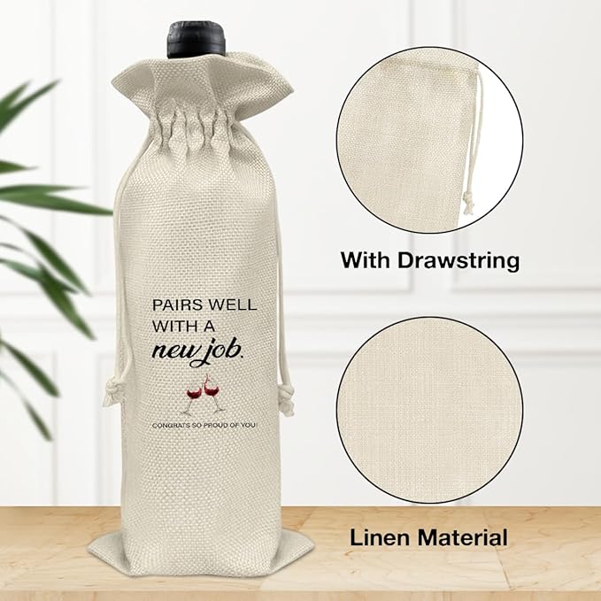 HOIJAUMAI New Job Gift Wine Bag, Going Away Gifts for Coworker Friends Women Men, Farewell Gift for Coworker, Pairs Well with a New Job Burlap Drawstring Wine Bag