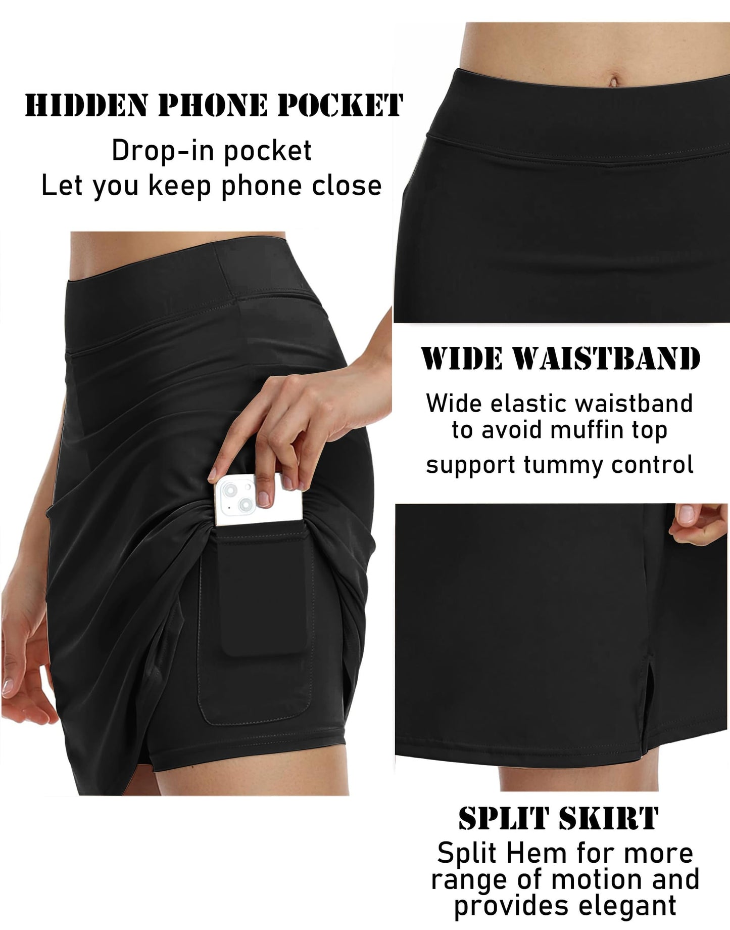 COOrun Modest Skirts for Women 20" Knee Length Golf Long Skirts Comfortable Tennis Workout Skorts with Pockets Active Sports Skirts,Black Small