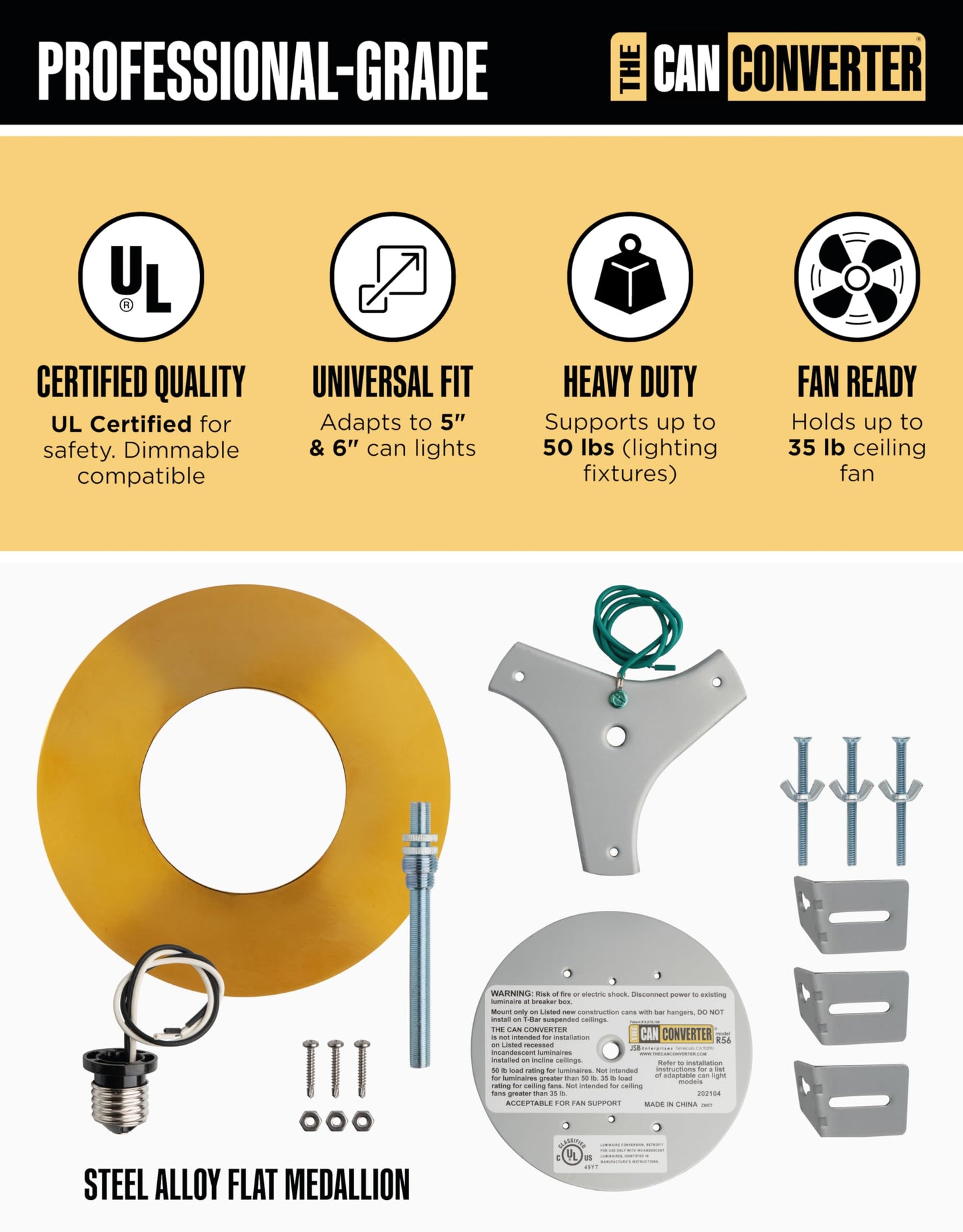 The Can Converter Recessed Can Light Conversion Kit with 7.75in Polished Gold Flat Ceiling Medallion