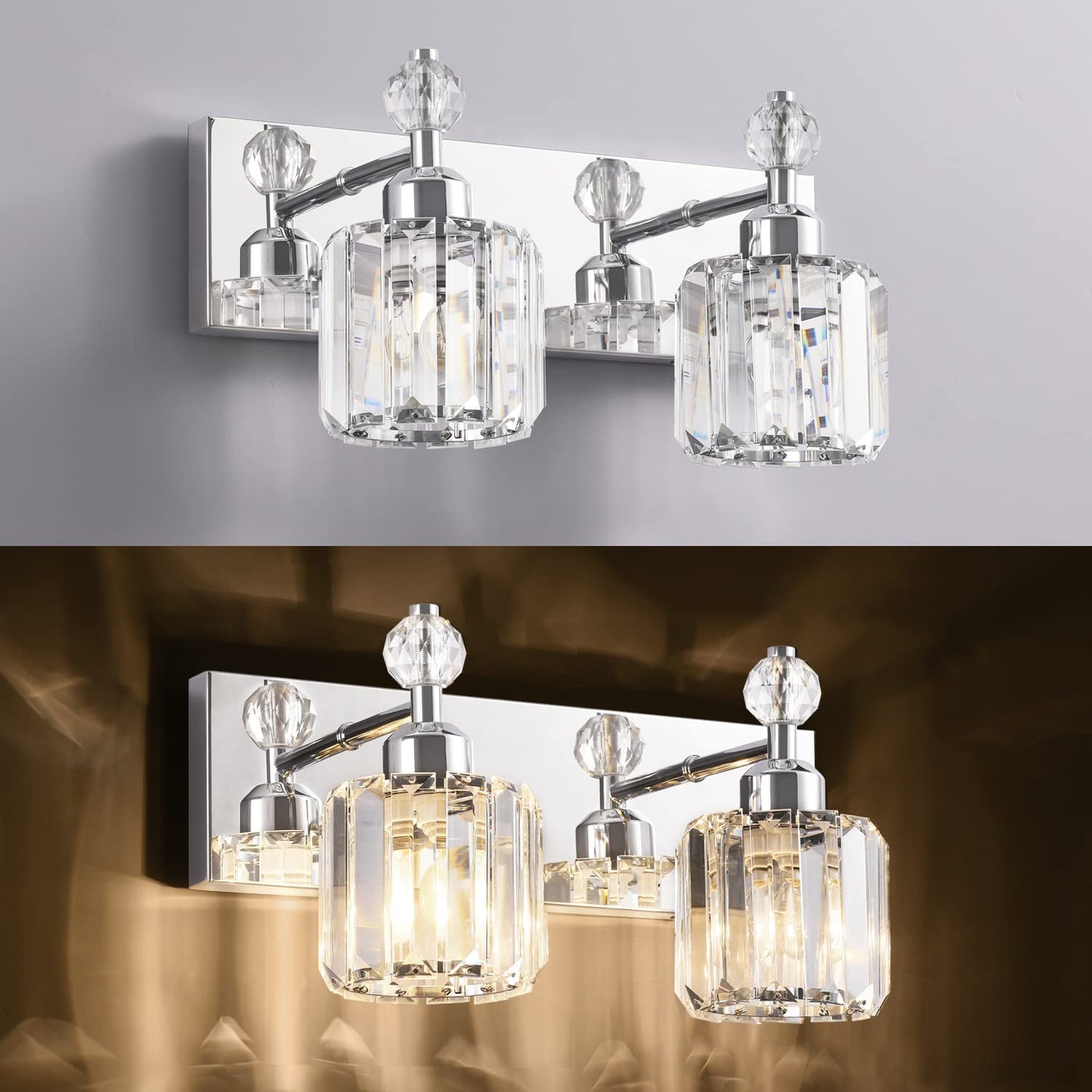 Presde 2-Light Chrome Bathroom Vanity Light - Modern Crystal Wall Sconce For Over Mirror Lighting