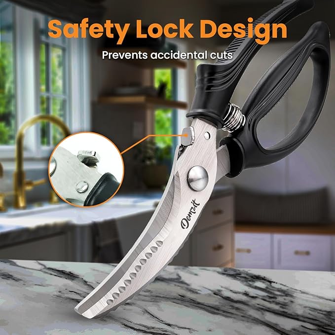 Poultry Shears, Kitchen Shears Heavy Duty for Food With Anti-Slip Handle & Safety Lock, Meat Scissors, Chicken, Lobster, Quail, Fish, Food Cutting Scissors, Bone Cutter - Spring Loaded