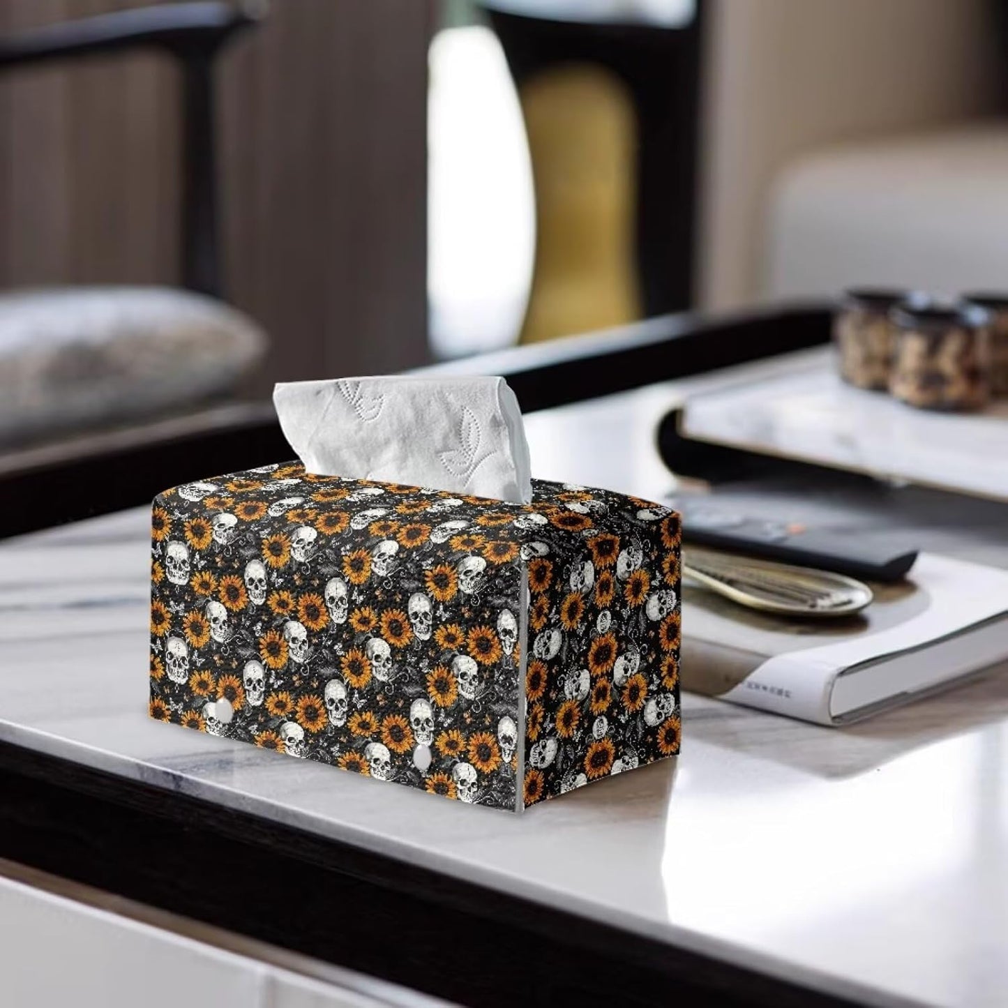 Halloween Tissue Box Cover with Skull Sunflower Print Waterproof Portable for Travel Designed with Modern PU Leather Folding Indoor Decorations 9.7"x5.2"x5.12" Easy to Clean