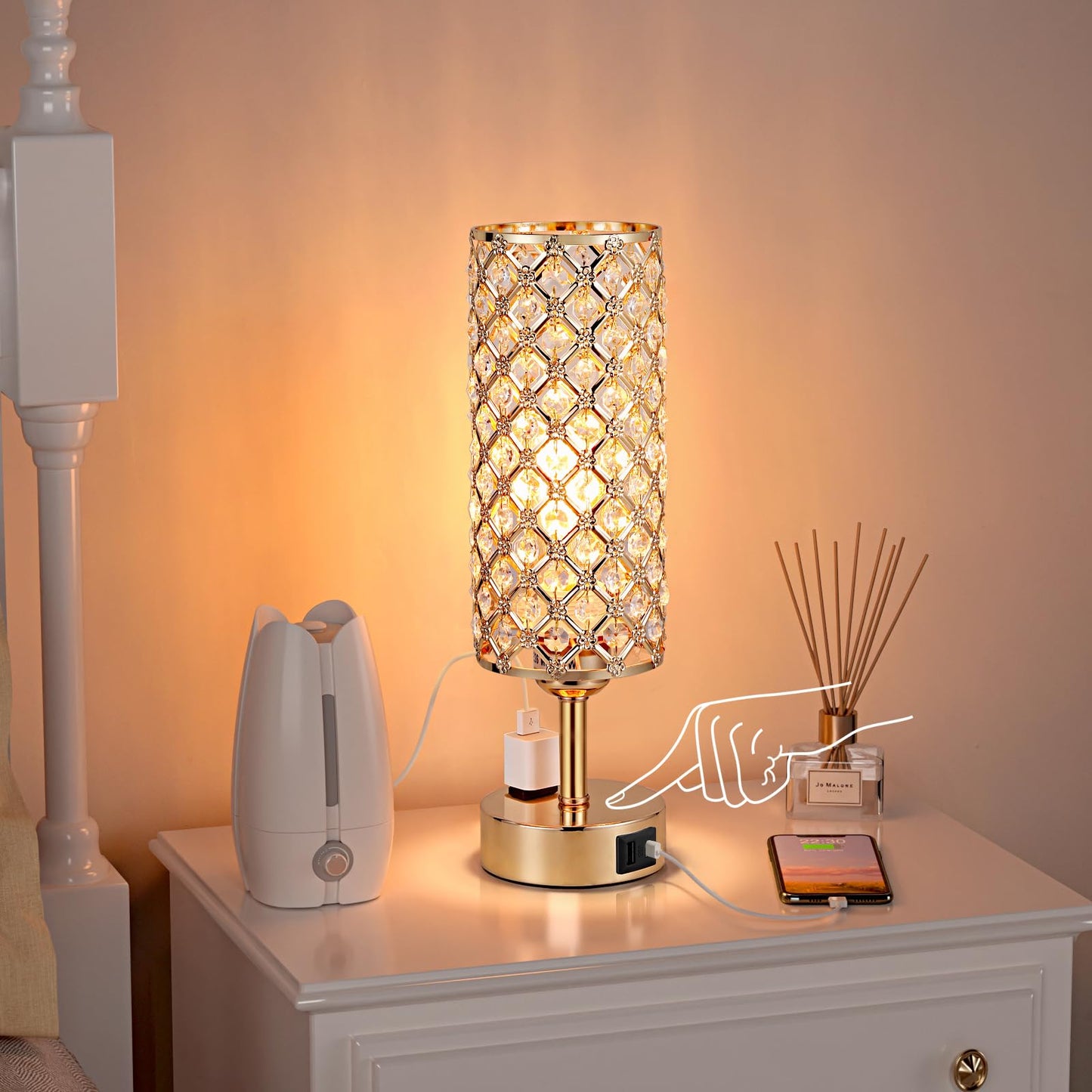 Hong-In Dimmable Gold Lamps Set Of 2 With Usb-C Charging Ports, 3-Way Crystal Bedside Lights For Bedroom And Living Room