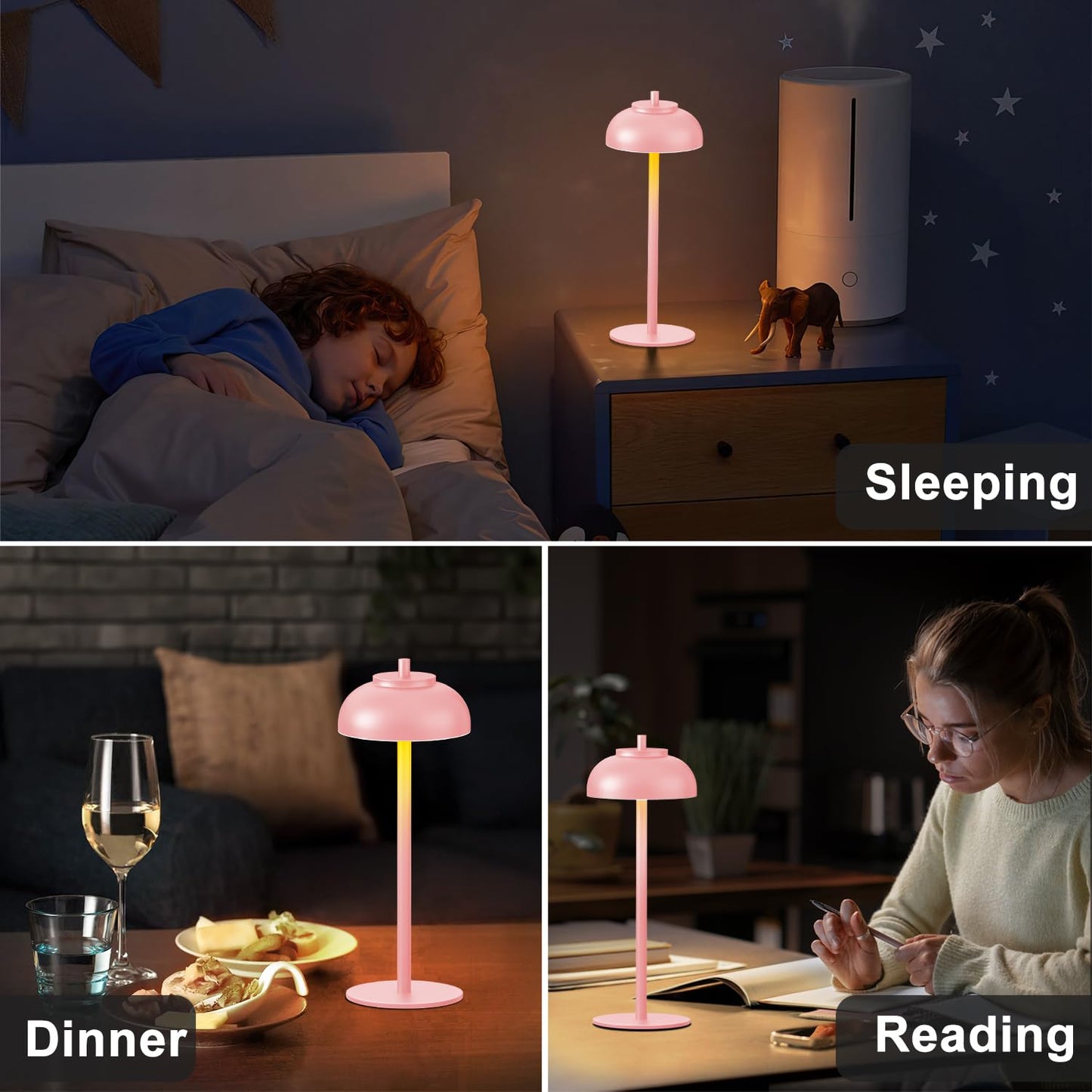 Moragin Pink Table Lamp Set of 2, Rechargeable, IP65 Waterproof, Touch Control & Dimmable, Metal, Outdoor/Indoor Lighting