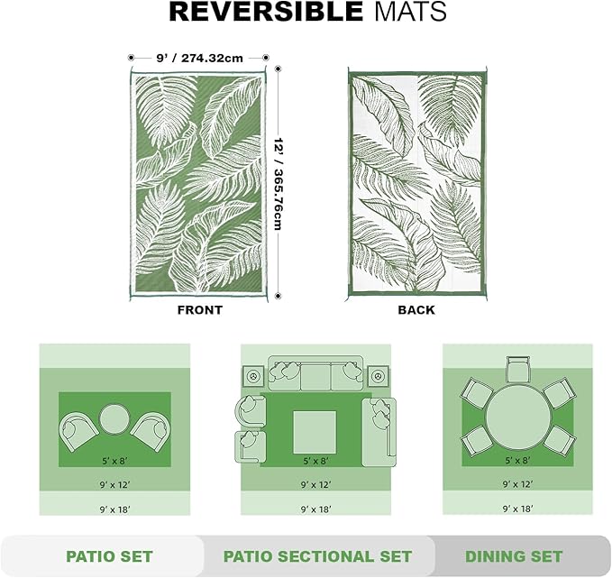 wikiwiki Outdoor Rug, 9x12ft Waterproof Reversible Mat Indoor Outdoor Rugs Carpet, Small Area Rug Plastic Straw Rug for Patio Deck Balcony Pool RV Camping Beach Picnic, Green, Rugscape Series