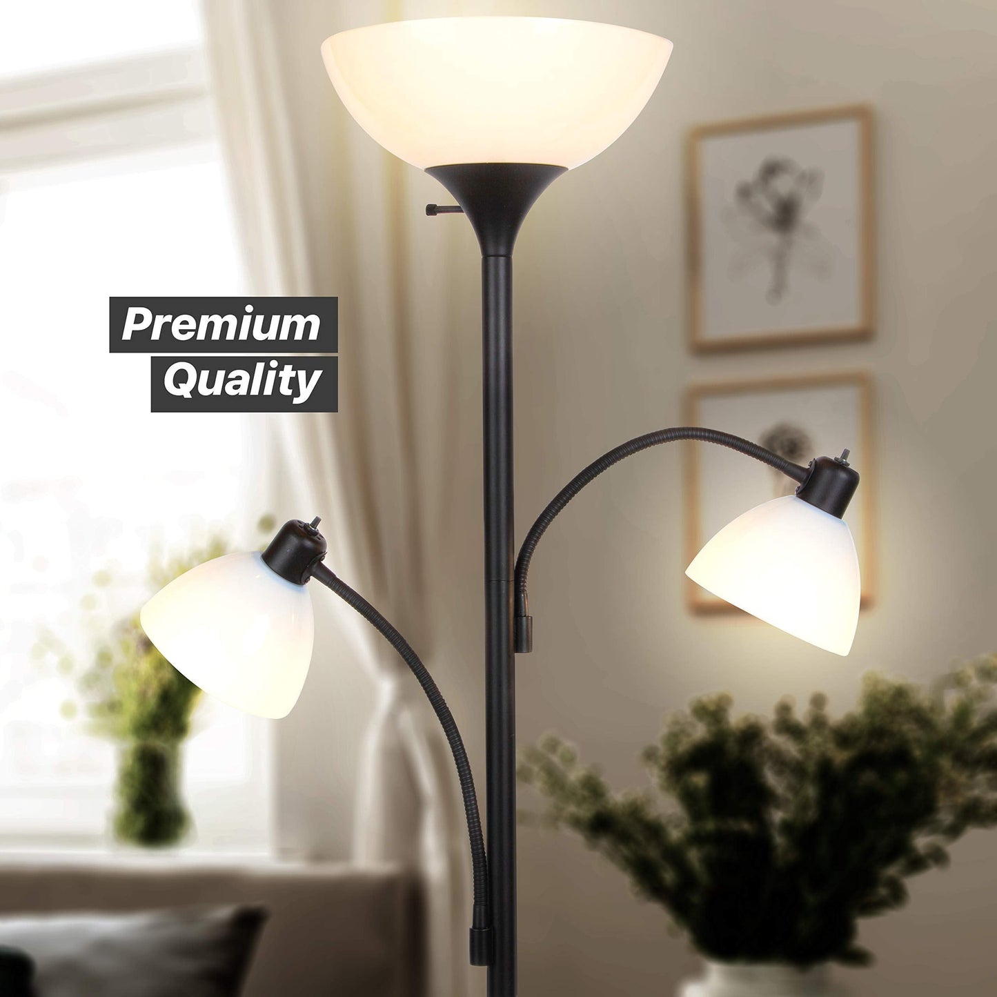 Brightech Sky Dome Double Led Floor Lamp - Dimmable Black Torchiere With 2 Reading Lamps For Living Rooms & Offices - Model Fl-Dme2-Blk