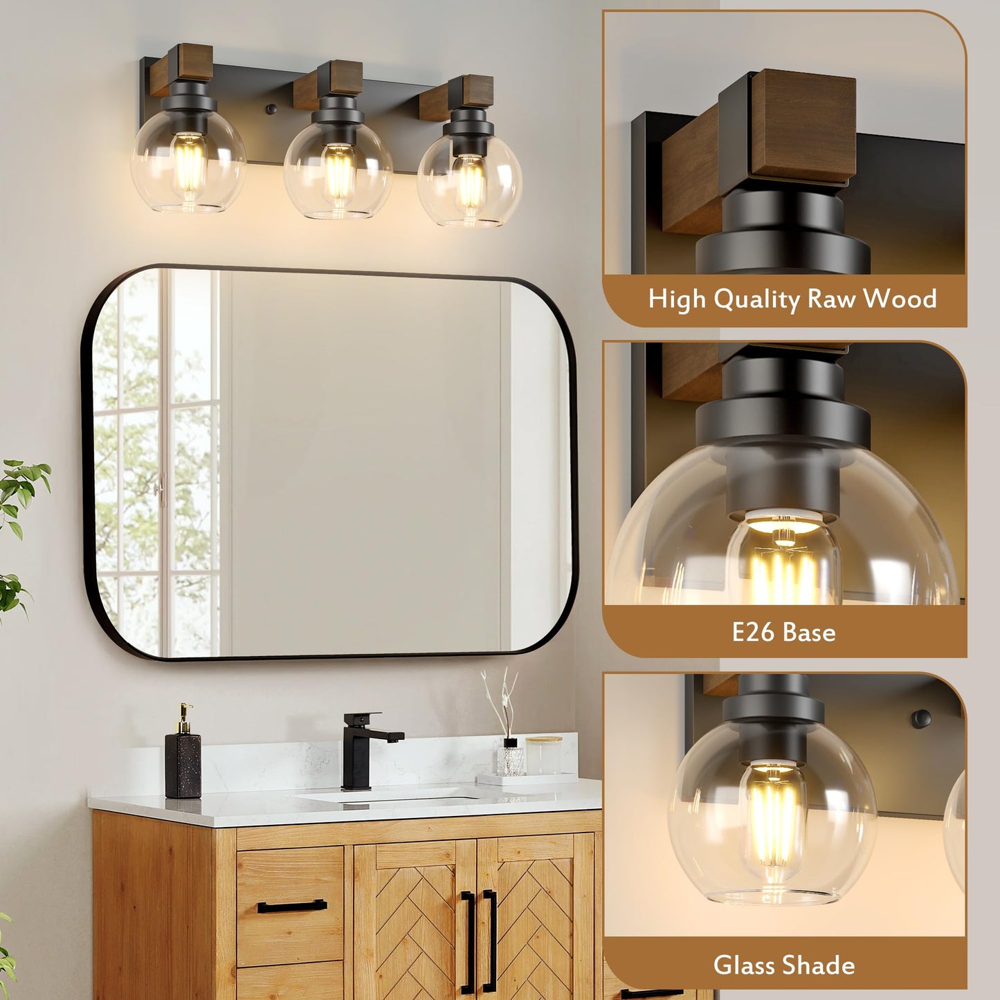 Farmhouse Bathroom Vanity Light Fixtures  3-Light Wood Bathroom Light Fixtures Over Mirror  Rustic Sconces Wall Lighting With Glass Shade For Living Room  Bedroom  Hallway
