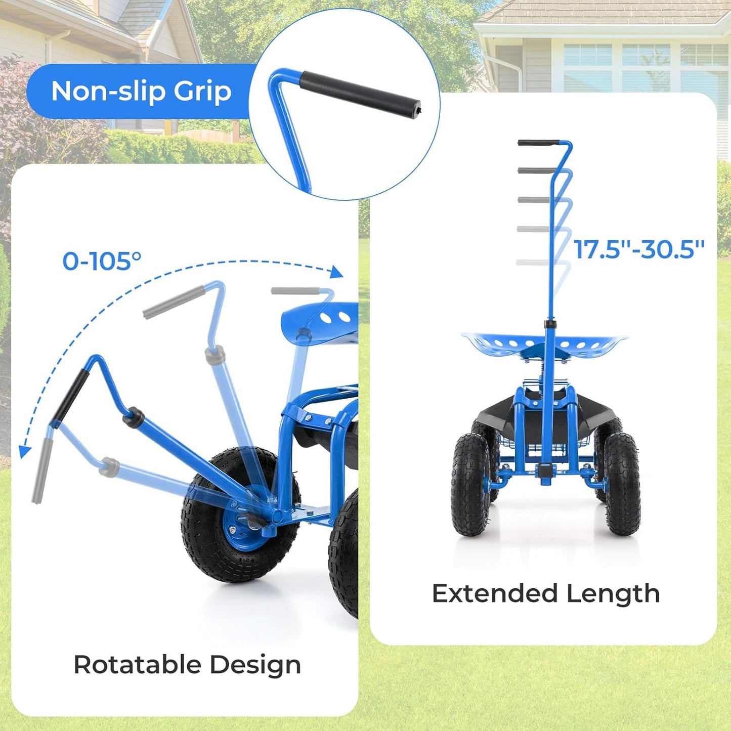 Rolling Garden Seat, Garden Stool with Wheels, Extendable Handle, Storage Basket & Tool Tray, Garden Scooter with 360 Degree Swivel Seat for Outdoor, Garden & Yard (Blue)