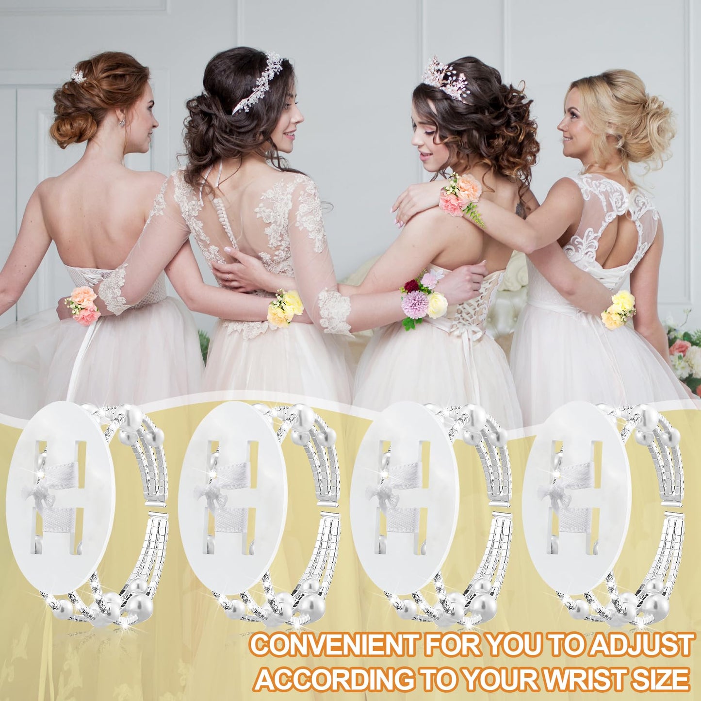 Hotop 8 Pcs Corsage Wrist Bracelet Bands Bride Pearl Rhinestone Bracelet Elastic Wrist Corsage DIY Wedding Wristband Faux Pearl