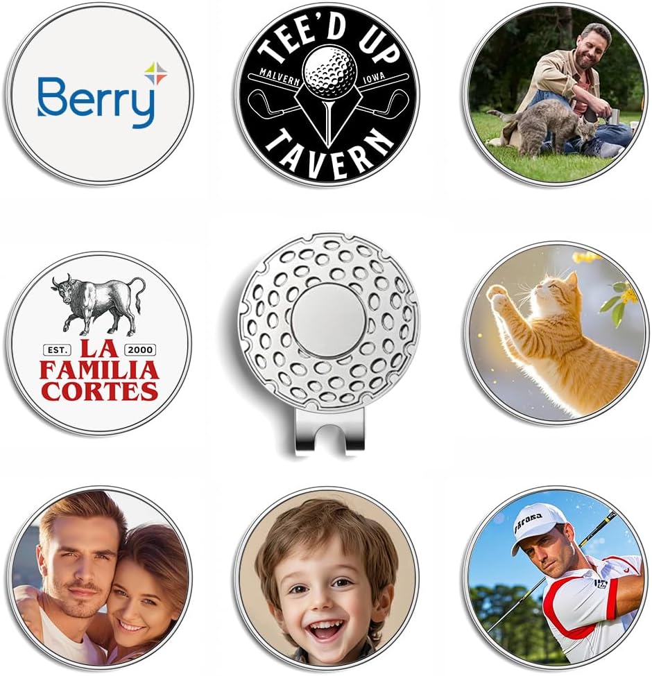 2 Personalized Golf Ball Markers Magnetic with Hat Clips, Golf Markers Customized with Your Photo, Logo and Text, Golfing Accessories Train Aids Tool Gift for Golfers Men Women