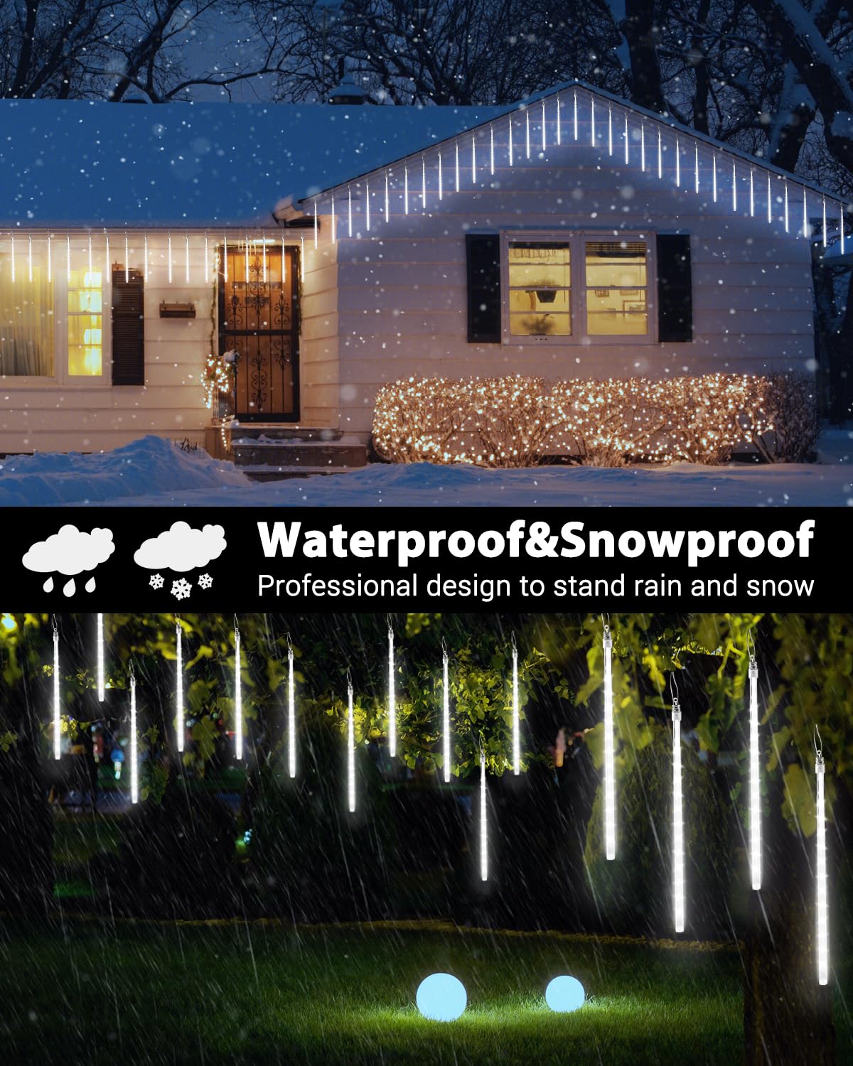 Flacchi 10 Tubes LED Raindrop Lights, Cool White, PVC, Model GP-SW070DC0514T-IP44, Timer Function, Holiday Party Decorations