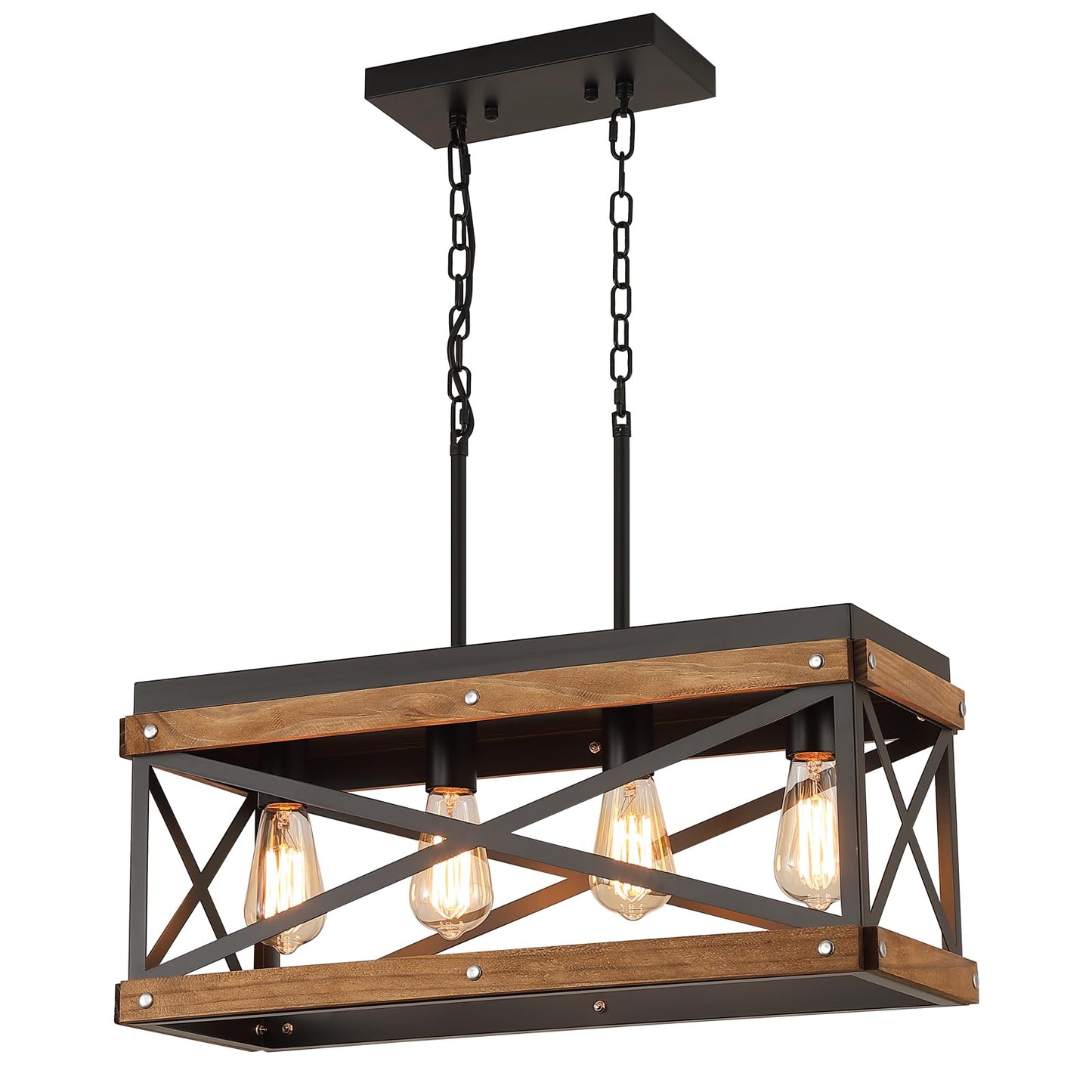 Rustic Farmhouse Wood Kitchen Island Lighting  4 Lights Rectangular Pendant Light Fixture  Adjustable Chain Oak Wood And Metal Linear Chandelier For Dining Room Kitchen Island Farmhouse  Black