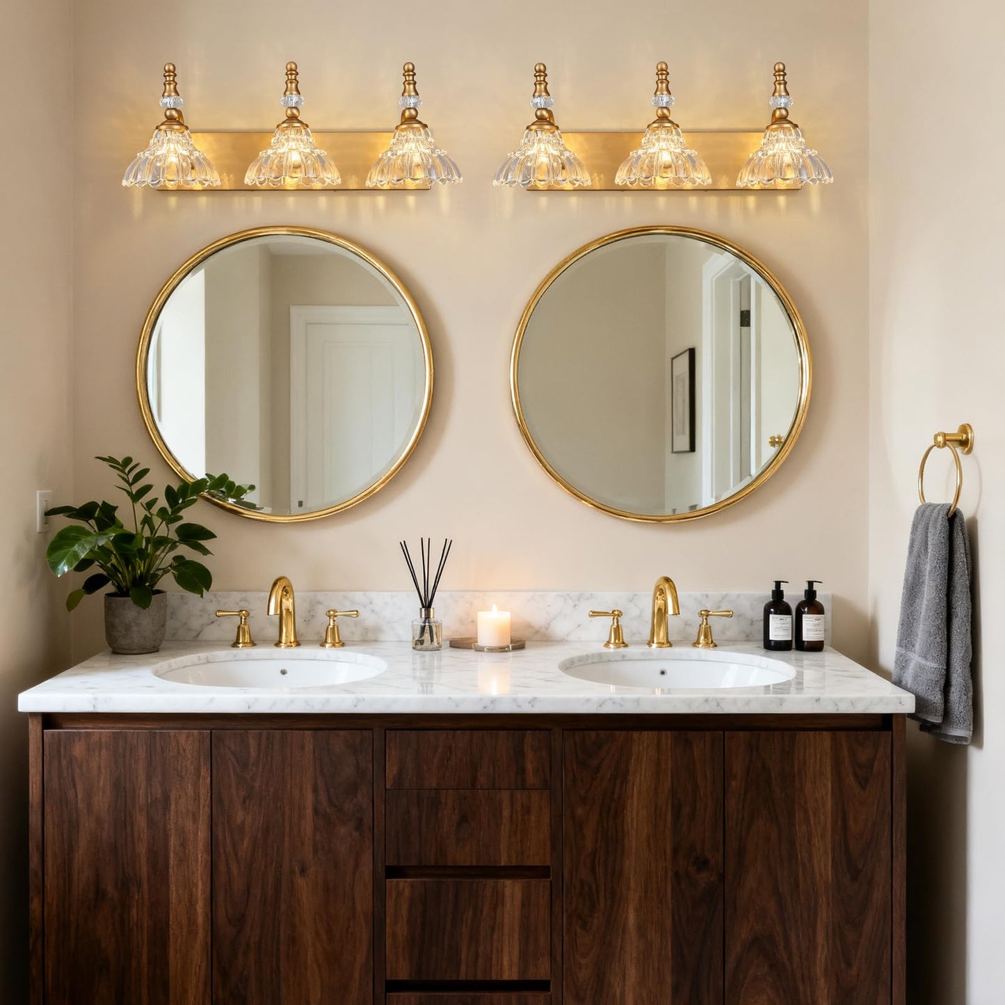 Lbsqj Vintage Bathroom Vanity Light  3-Light Brass Vanity Lighting Fixture With Flower Glass Shade  Bathroom Lighting Fixtures Over Mirror