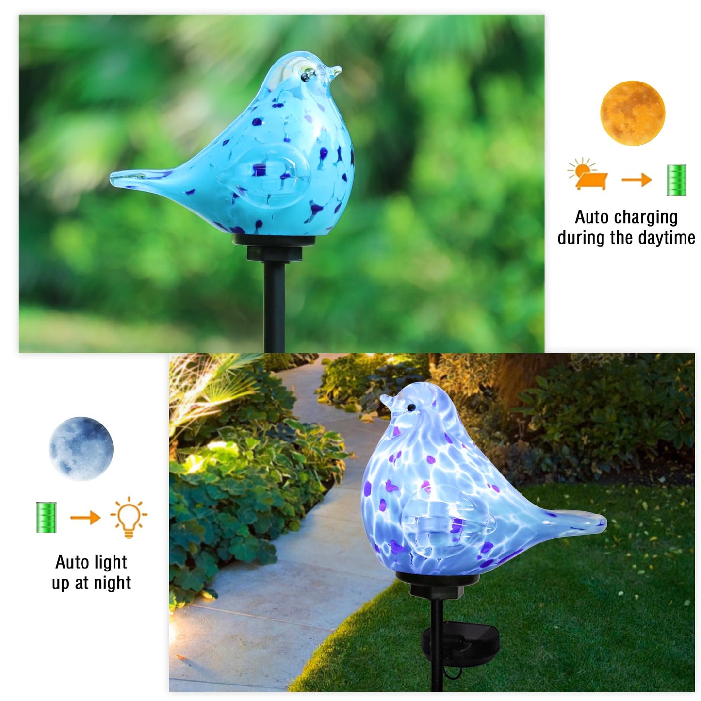Bshine Solar Garden Decoration Outdoor Bluebird Lights  Hand Blown Glass Waterproof Solar Light Stake Decorate Paths  Pathways  Lawns And Yards Art For Mom Gifts