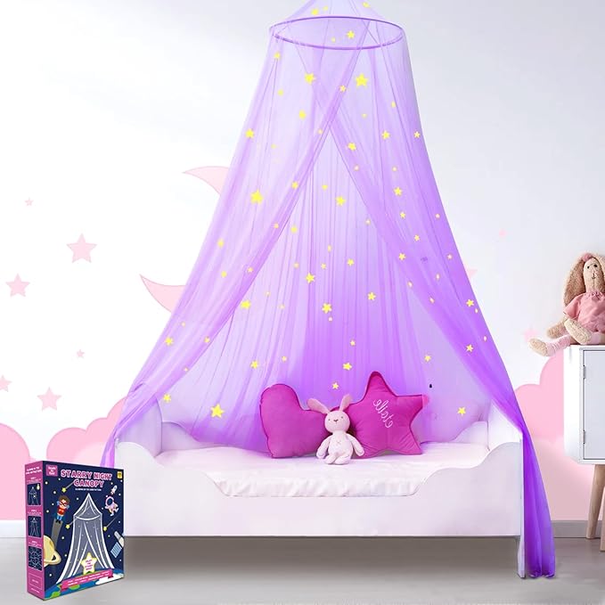 South to East Princess Bed Canopy for Girls with Glowing Stars, Purple Bed Canopy for Girls Room, Bed Canopy Curtains from Ceiling for Twin Beds, Full Size Beds, Ideal Gift for Girls
