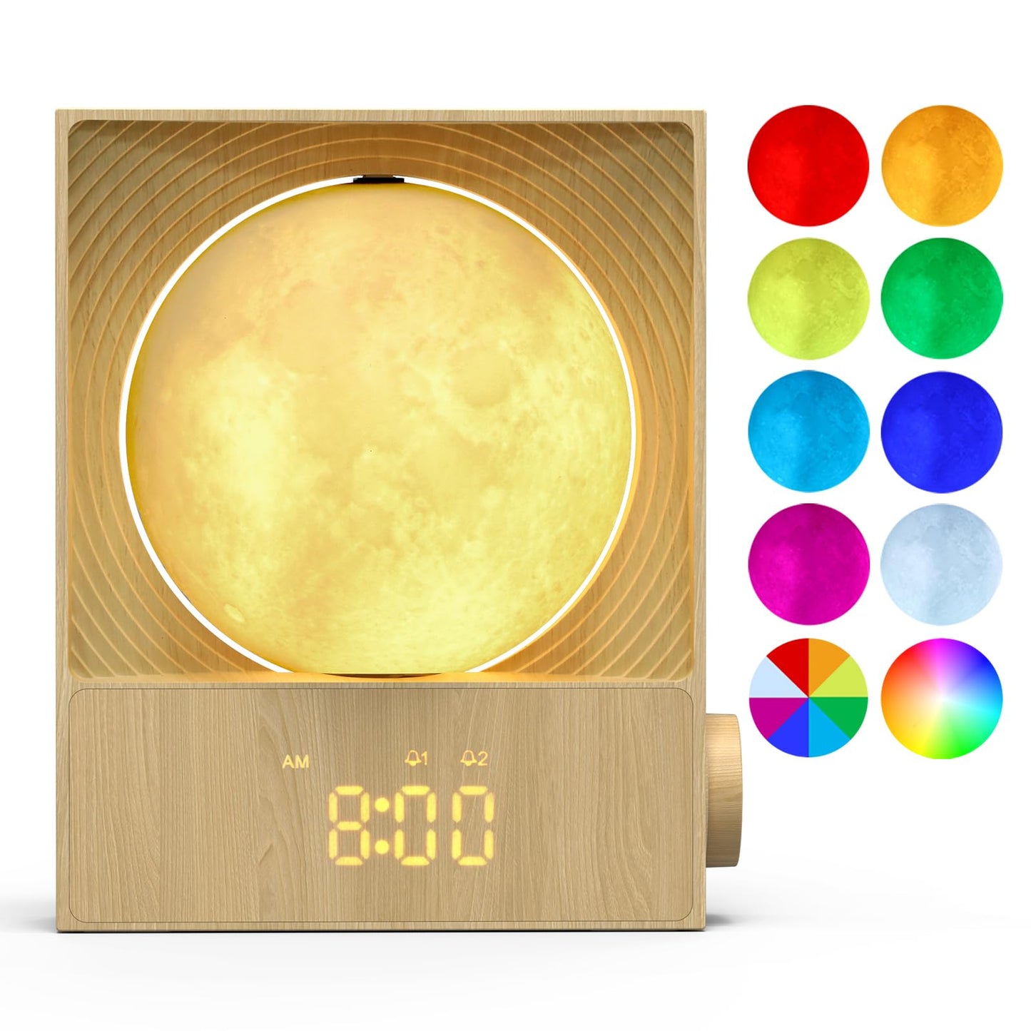 Epochleno Sunrise Alarm Clock, 360-Degree Rotating Moonlight & 10 White Noise Sounds, Dual Alarm & Snooze for Heavy Sleeper, Timer, Wooden Bedroom Light Gift - Wood