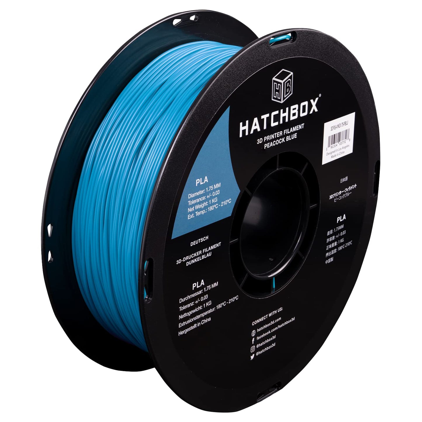 HATCHBOX 1.75mm Peacock Blue PLA 3D Printer Filament, 1 KG Spool, Dimensional Accuracy +/- 0.03 mm, 3D Printing Filament