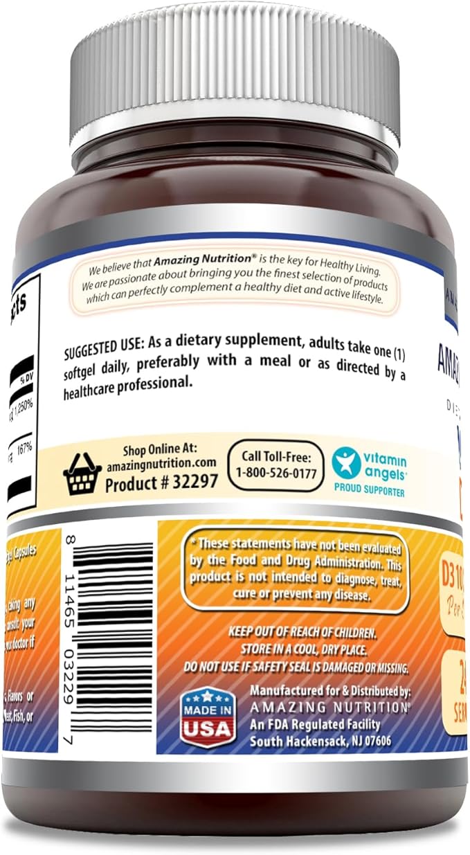 Amazing Formulas Vitamin D3 10000 IU with Vitamin K2 200 Mcg | D3 + K2 Complex Supplement | Non-GMO | Gluten-Free | Made in USA (1 Pack, 240 Count)