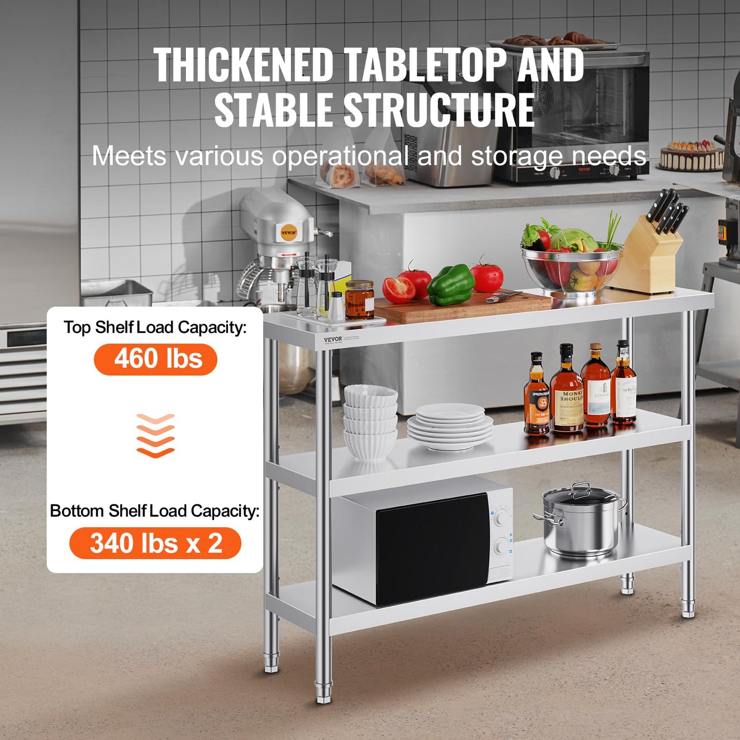 VEVOR Stainless Steel Food Prep Table, 14 x 48 x 34 Inch Commercial Kitchen Worktable, with 2 Adjustable Undershelf, Heavy Duty Prep Metal Work Tables for BBQ, Kitchen, Home, and Garage