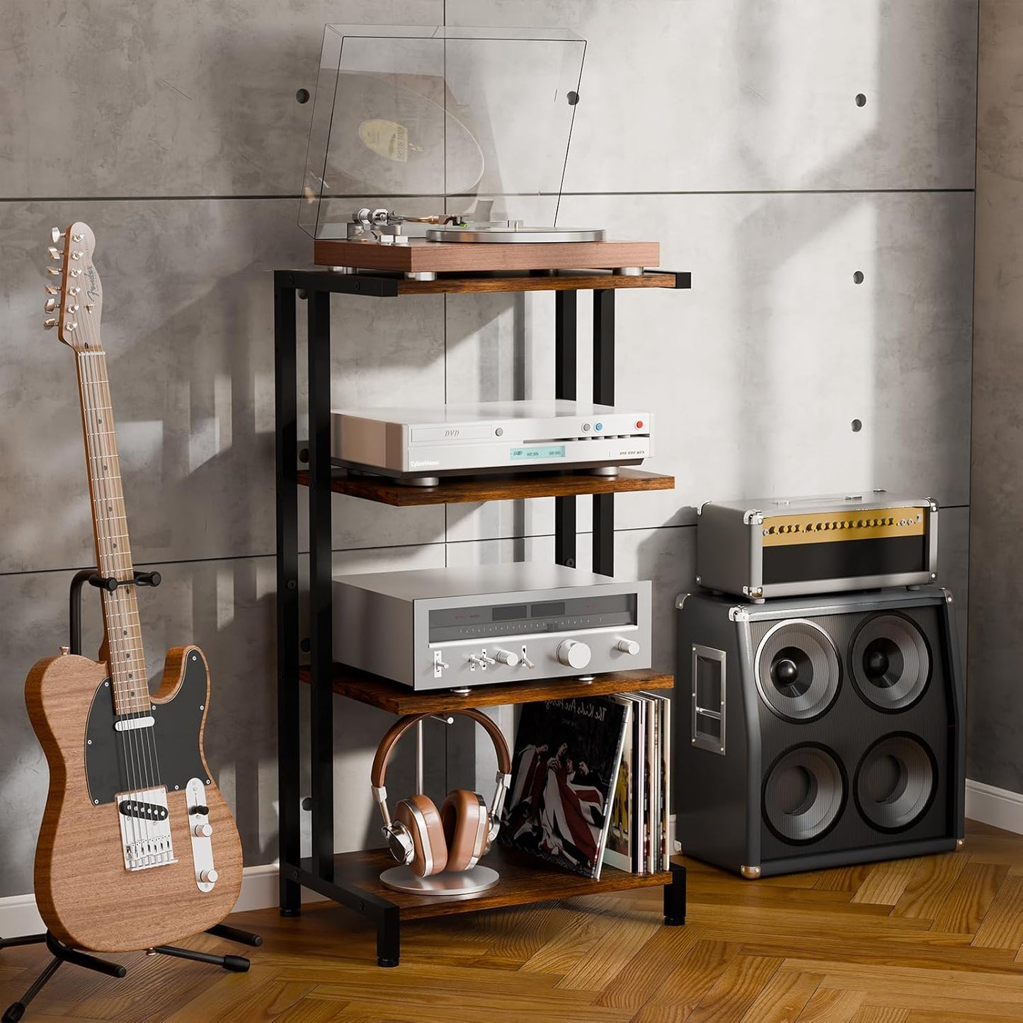 X-cosrack 4-Tier AV Media Stand Corner Shelf Wooden Corner Shelves Component Cabinet Stereo Audio Rack Stand Tower Perfect for DVD Players:Game Console:TV Box:Cable Box:WiFi Router