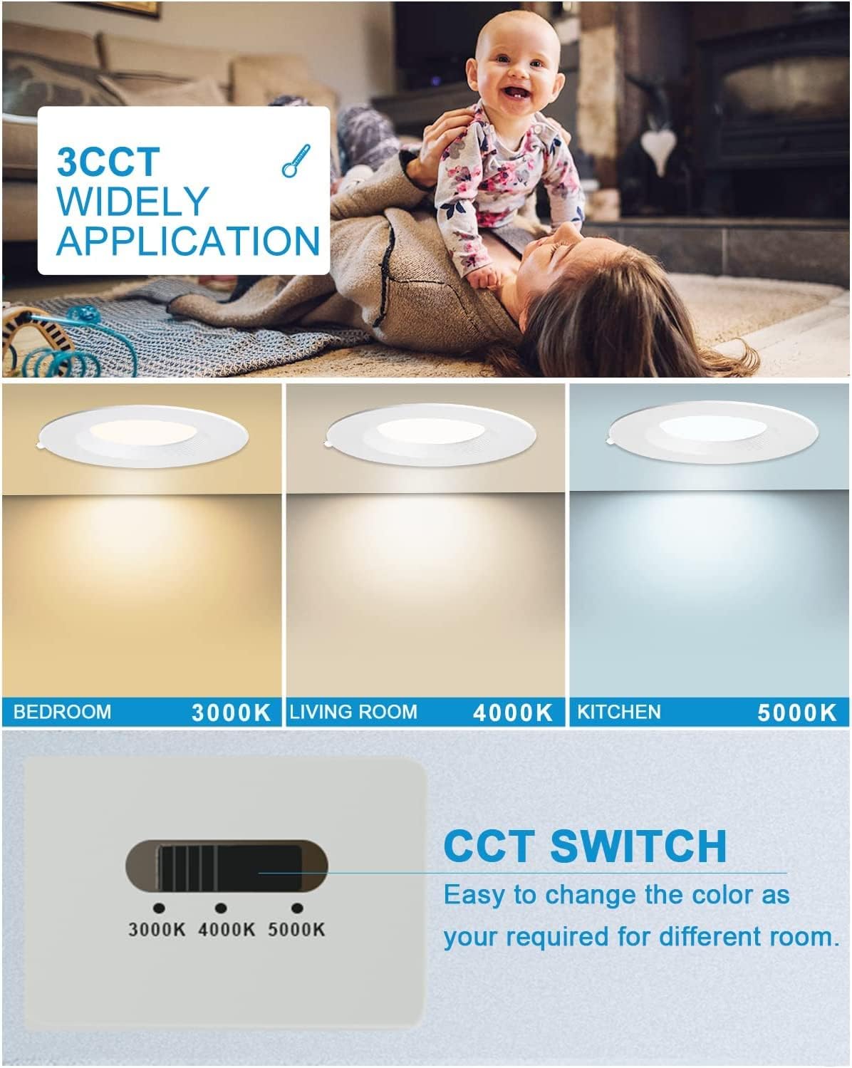 Lightdot 12W Dimmable LED Downlight 3CCT Selectable, 6 Inch, White, Model LRC-07, Fixed 6 Pack