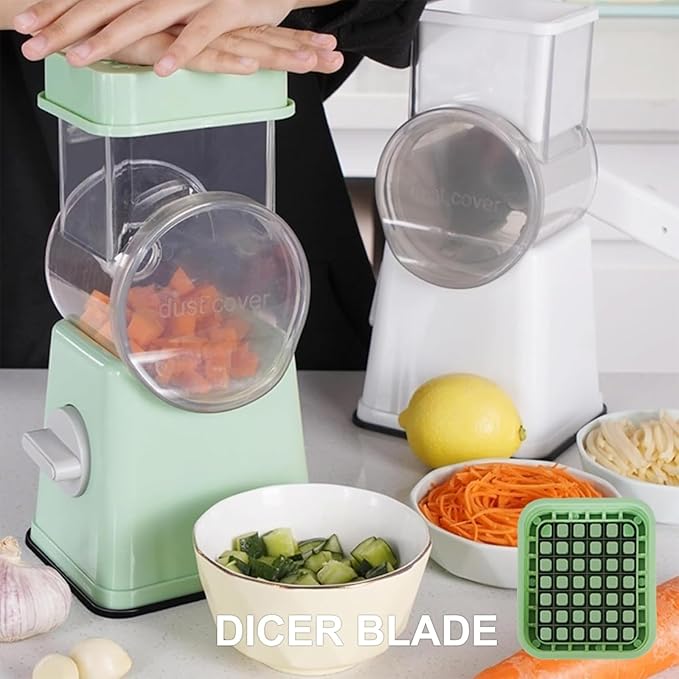 Rotary Cheese Grater, 6-in-1 Vegetable Shredder and Mandoline Slicer with 6 Stainless Steel Blades, Easy to Use & Clean Food Chopper with Dicing Blade (White)