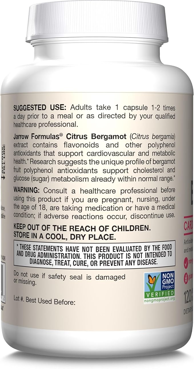 Jarrow Formulas Citrus Bergamot 500 mg - 120 Servings (Veggie Caps) - Antioxidant Support for Cardiovascular & Metabolic Health - Dietary Supplement - Gluten Free - Use with Jarrow Formulas QH-absorb