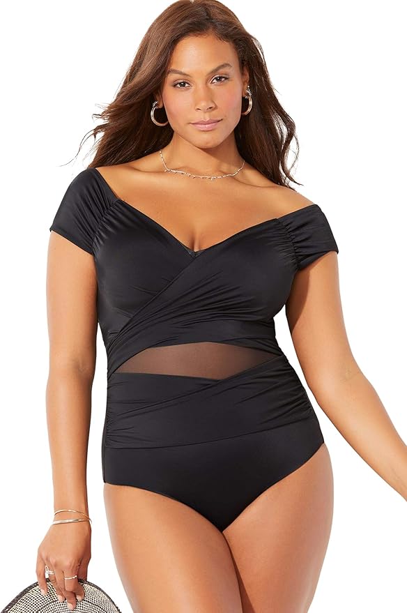 Swimsuits For All Women's Cap Sleeve Cut Out One Piece Swimsuit (Plus
