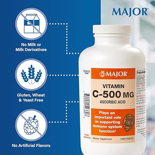 Major Vitamin C-500 mg Ascorbic Acid - Vitamin C Tablets - Dietary Supplement - 1000 Tablets