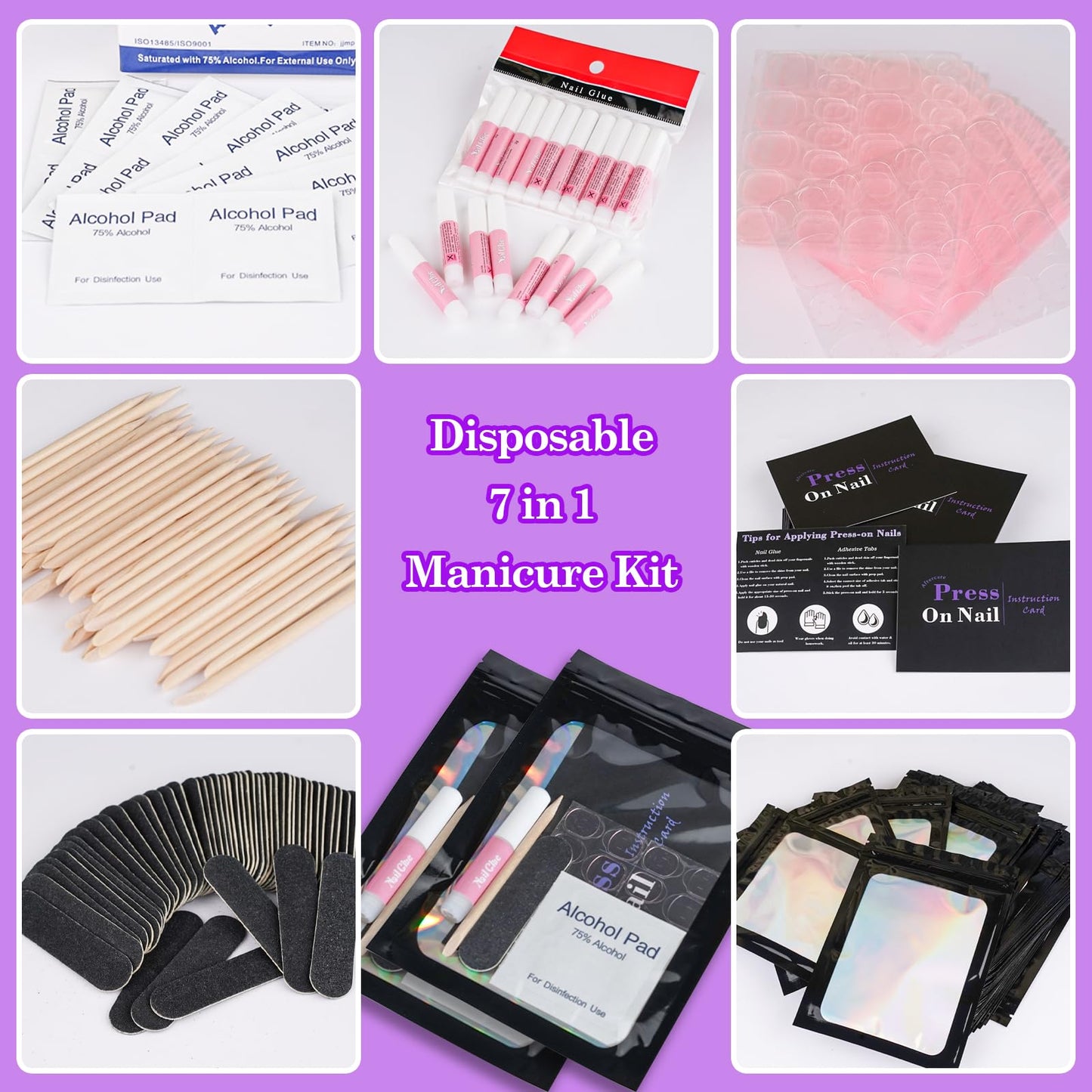 Disposable Nail Supplies Kits,Professional Manicure Press On Nail Tool Kit With Nail File,Adhesive Tabs,Nail Glue,Sticks, Prep P