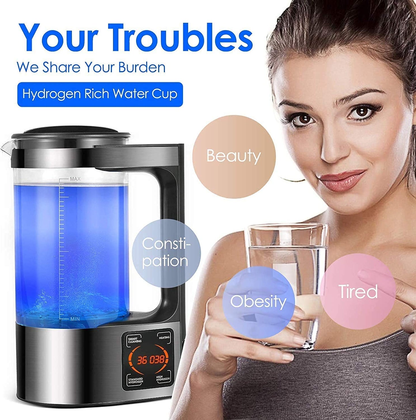 Hydrogen Water Generator, Hydrogen Water Kettle, Hydrogen Water Bottle Generator with SPE and PEM Technology, US Membrane Make Hydrogen Content up to 2000 PPB