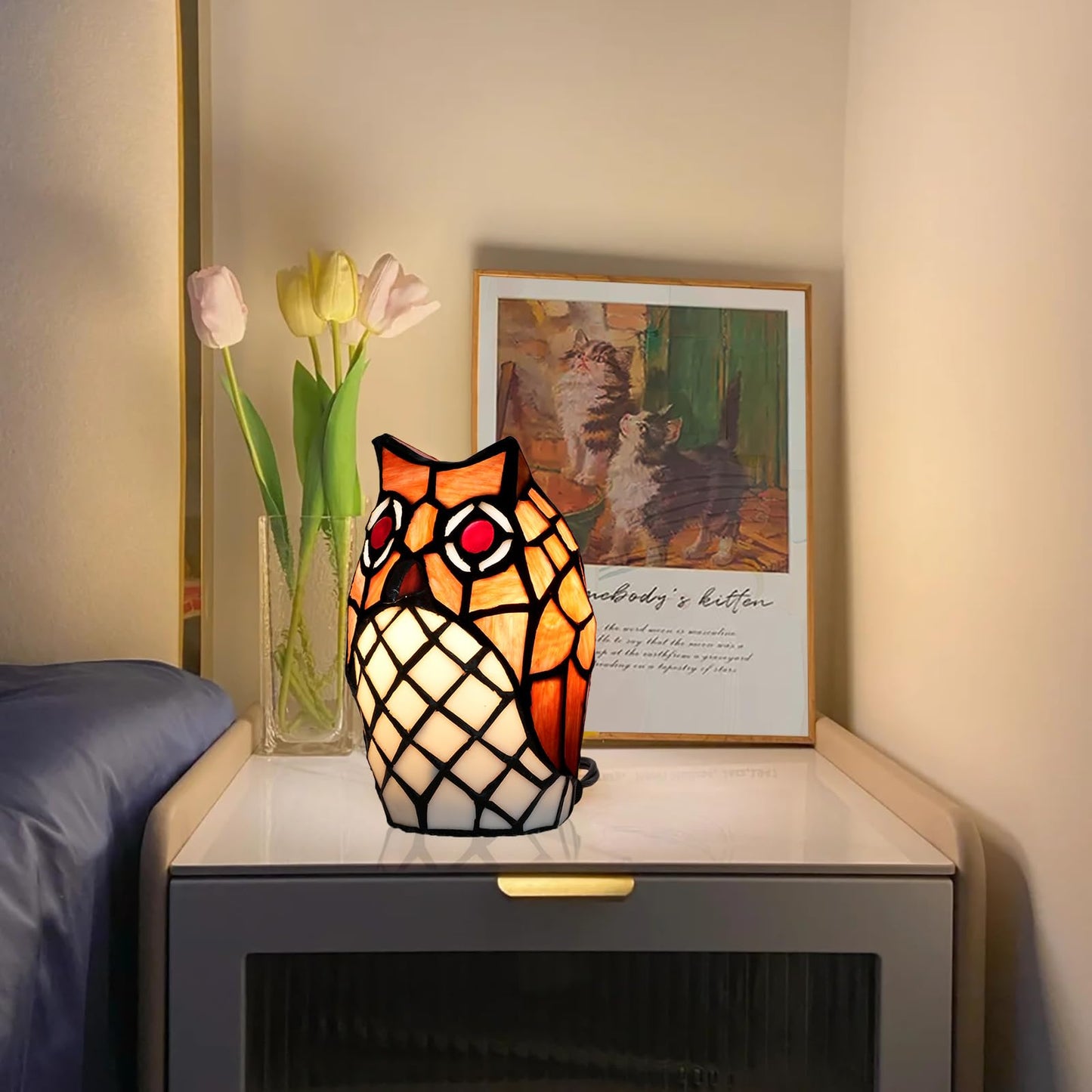 Kiphepi Tiffany Lamp Stained Glass Lamp Small Bedside Table Lamps For Living Room Home Decor Girls Women Birthday Halloween Christmas Thanksgiving Day Gift Owl