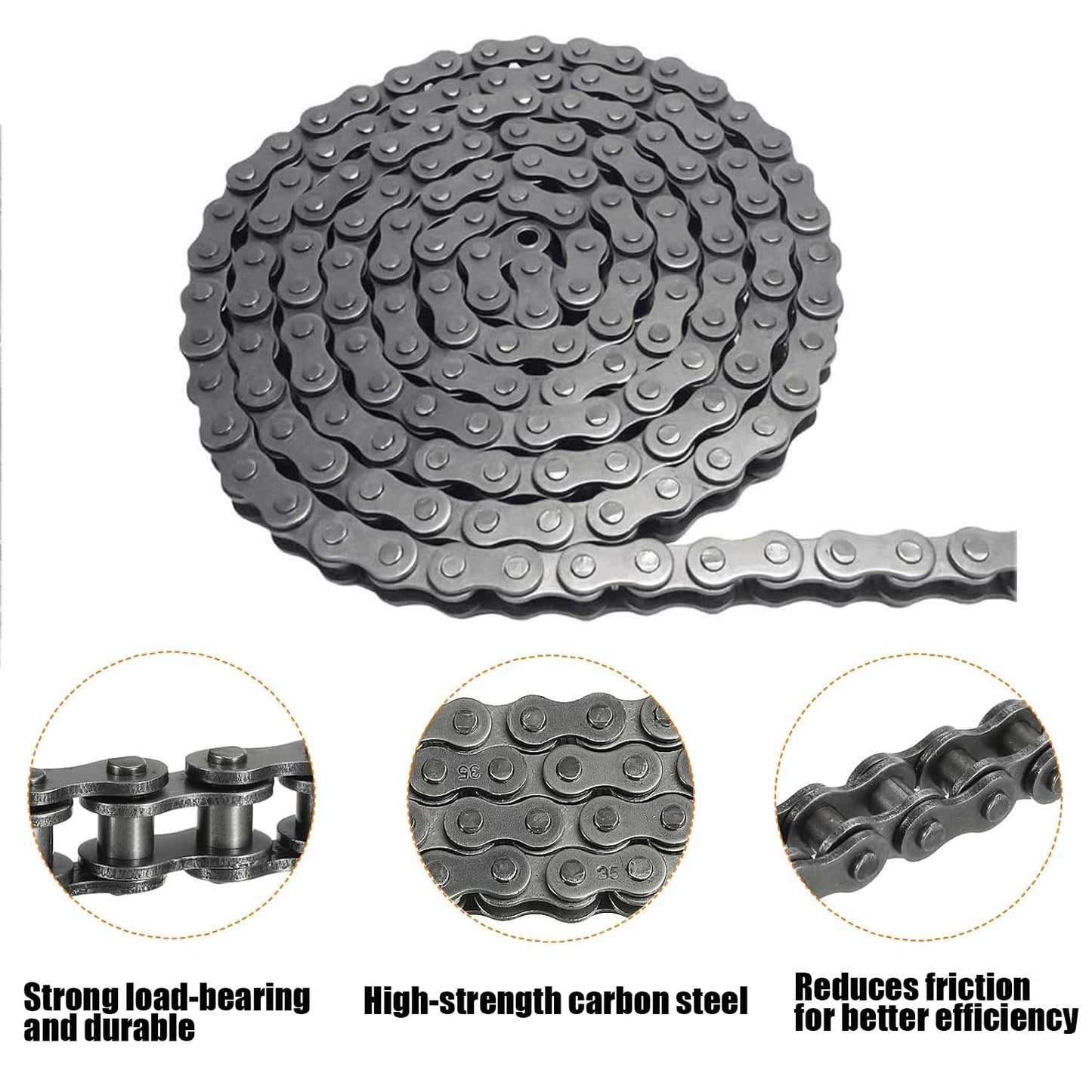 AZSSMUK #35 Roller Chain - 5 Feet Carbon Steel Material with 2 Connecting Links Industrial Chain - 160 Links