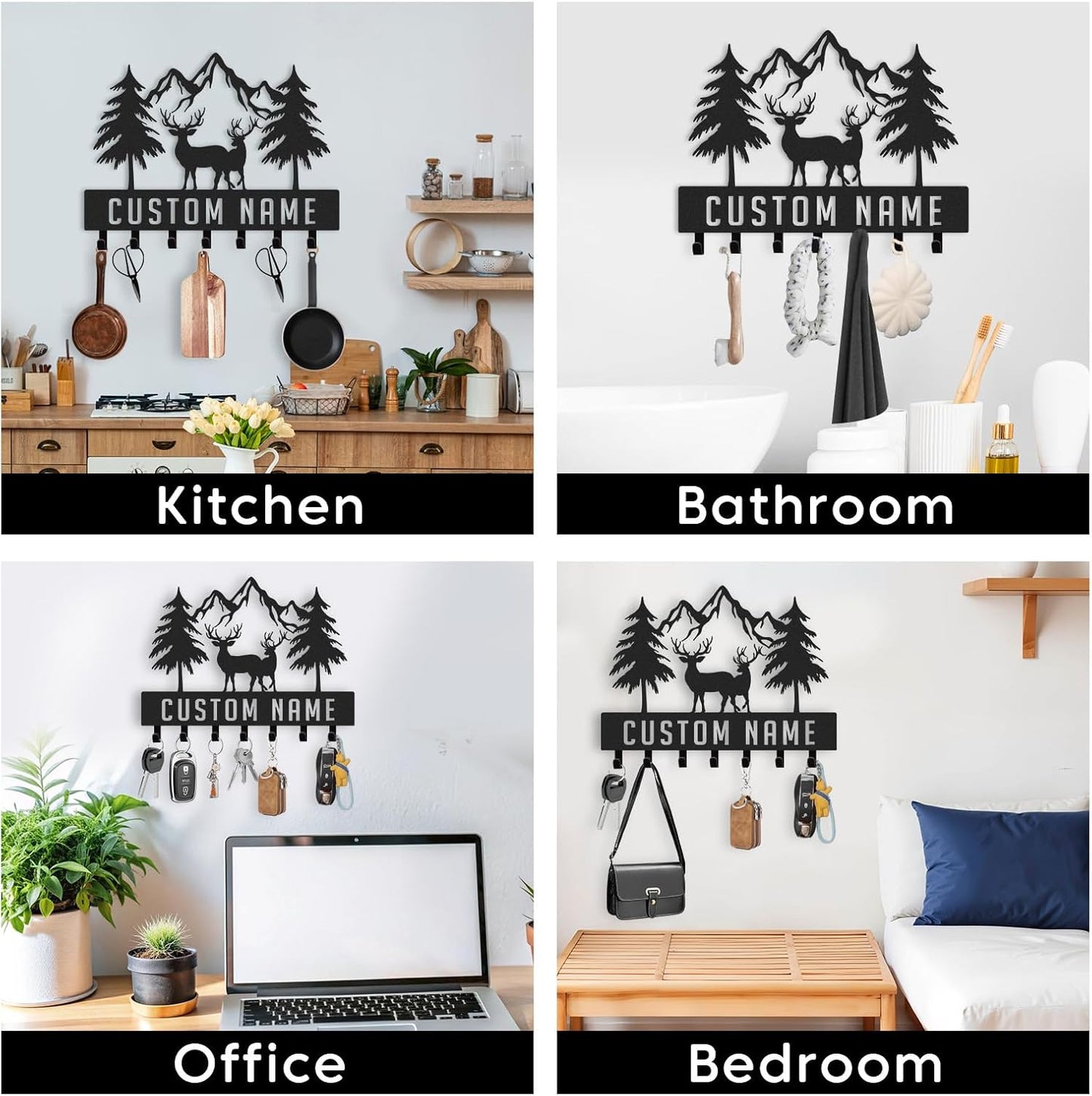 Personalized Key Holder Wall Mount, Custom Metal Deer Cabin Key Hooks with Name, Metal Key Organizer Wall Decoration for Bedroom, Kitchen, Doorway, Entryway, Front Door, Bathroom