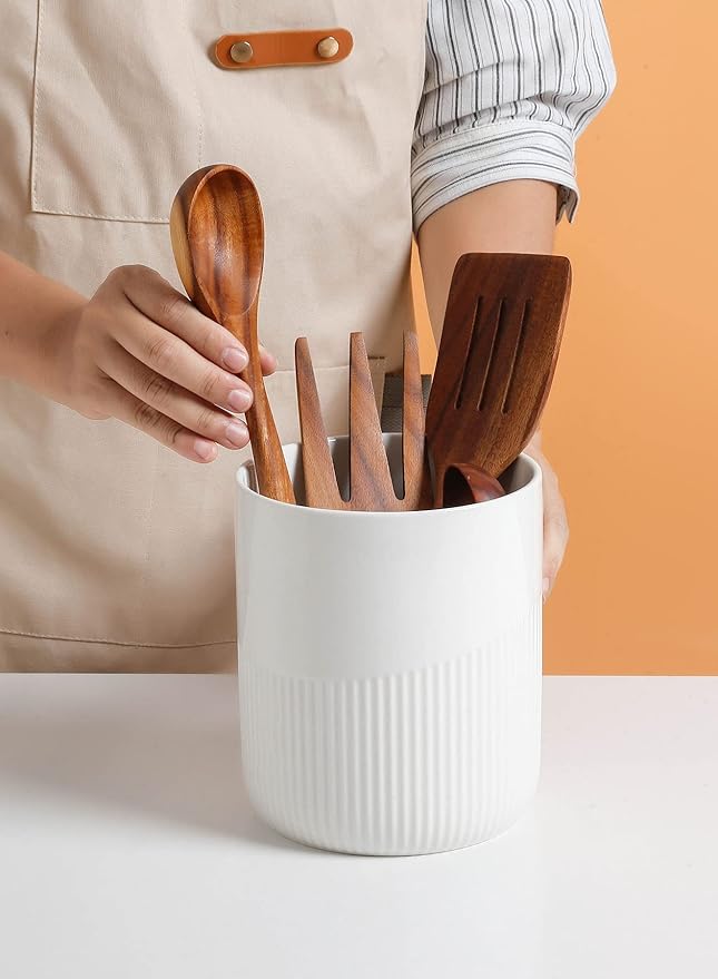 Onniyor Ceramic Kitchen Utensil Holder, 7" Large Stable Utensil Crock, Cooking Utensil Organizer for Counter, Kitchen Decor, spoon holder for countertop, Dishwasher Safe, White