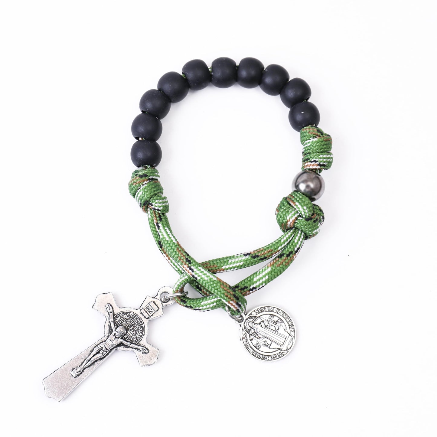 Nazareth Store Olive Military One Decade Khaki Paracord Rosary Black Beads Pocket Car Rosary Protection St. Benedict Medal & Cru