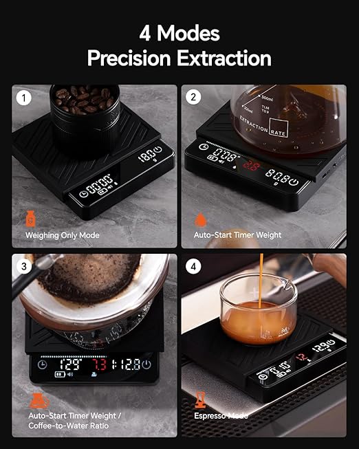 Espresso Coffee Scale with Timer and Flow Rate - MUVNA 2kg/0.1g Precision Rechargeable for Pour Over, Coffee Bean Weight, Mini Portable LED Display 4 Smart Mode, Black