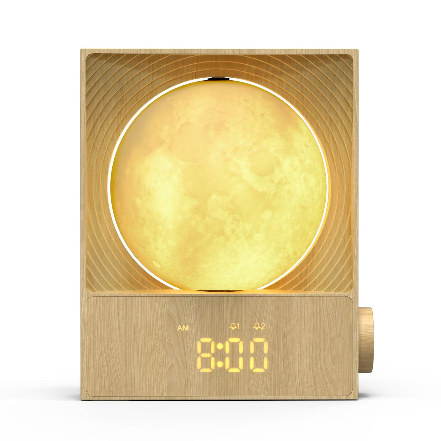 Epochleno Sunrise Alarm Clock, 360-Degree Rotating Moonlight & 10 White Noise Sounds, Dual Alarm & Snooze for Heavy Sleeper, Timer, Wooden Bedroom Light Gift - Wood