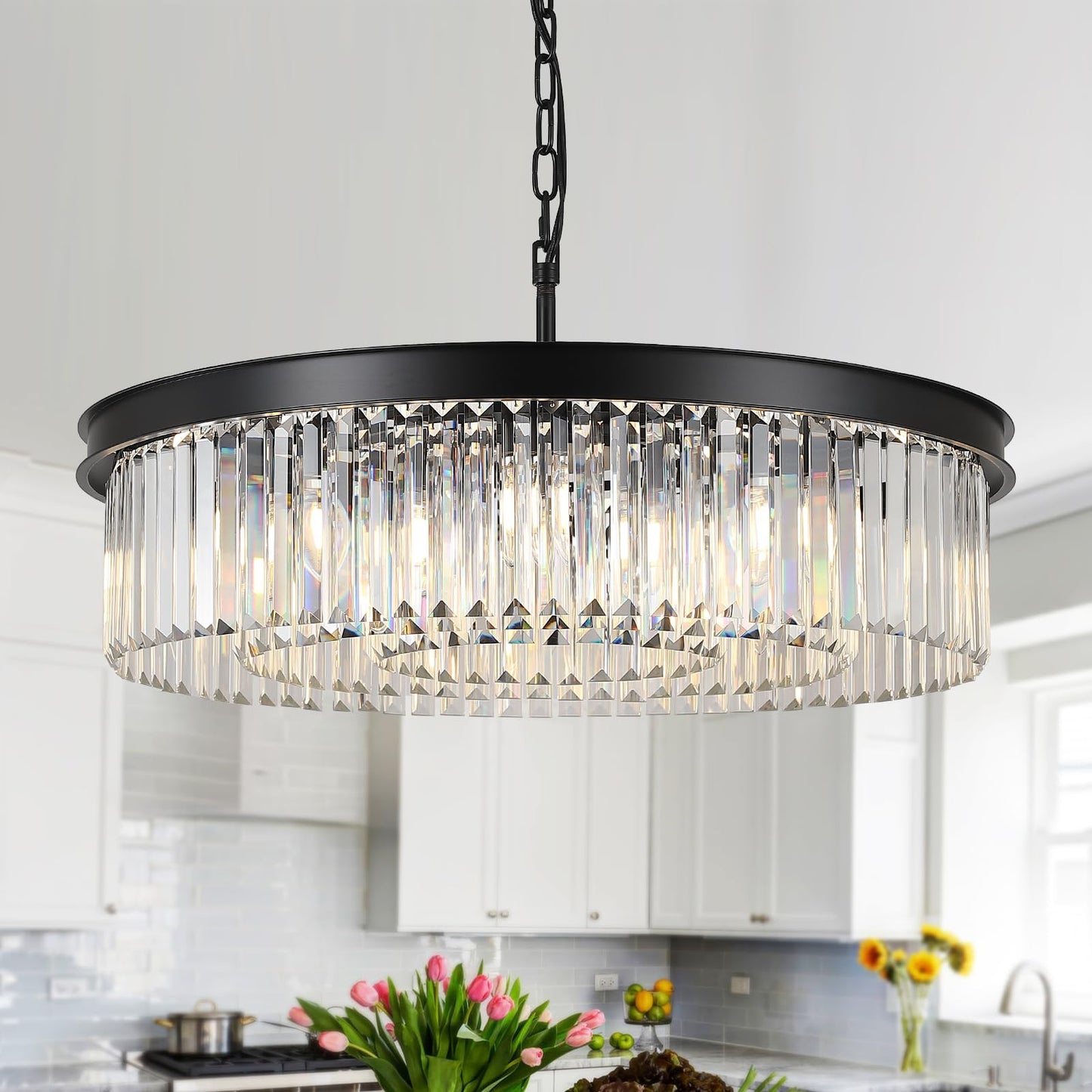 A AXILIXI 30in  Modern Crystal Chandelier, 12-Light, Black Metal, K9 Crystal, Model 88317, Ideal for Living Room, Dining Room, Foyer