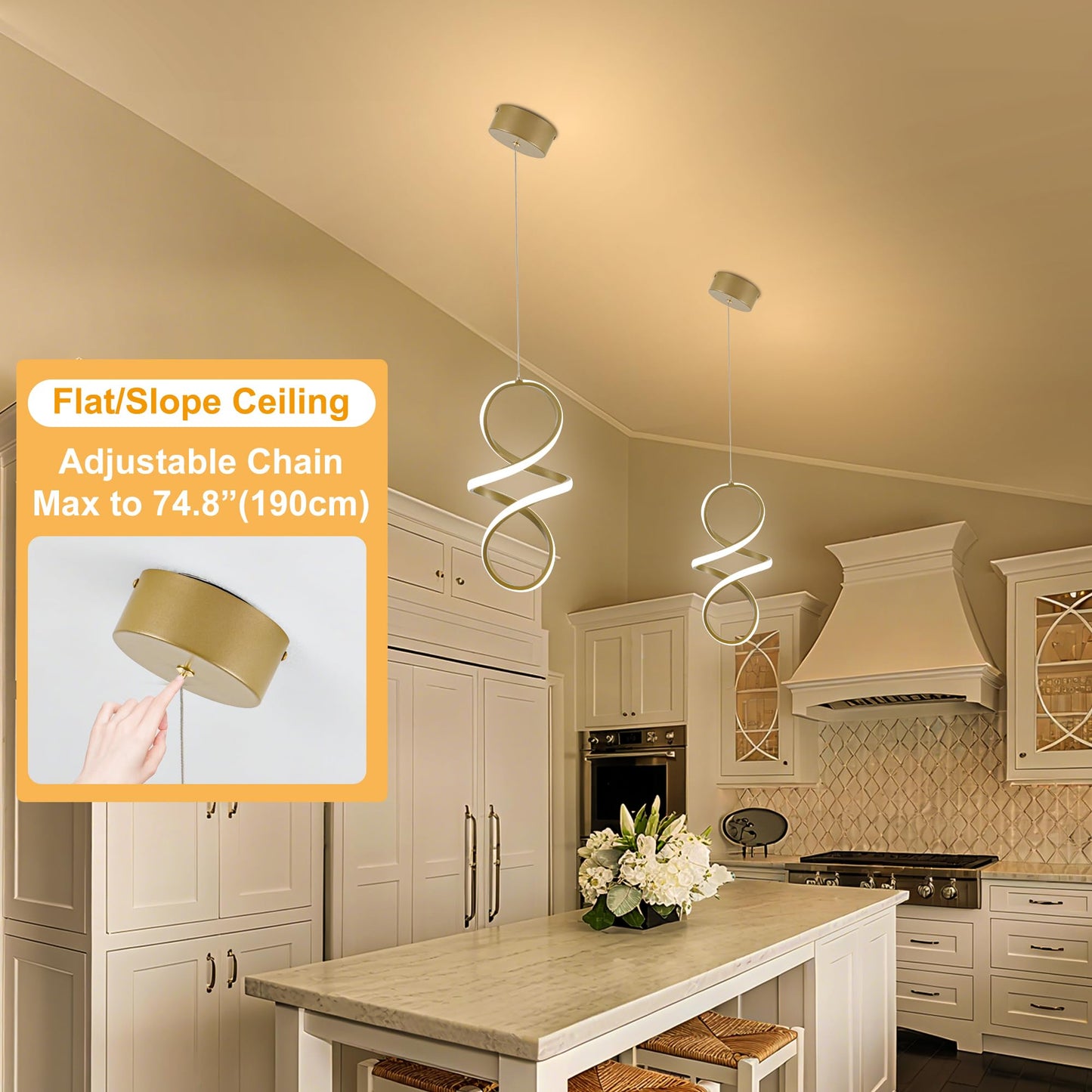 Mayna Spiral Kitchen Pendant Lighting  4000K Modern Led Pendant Light Fixture  18W Adjustable Height Island Light Fixture For Kitchen Bedroom Kitchen Island Cafe  1 Pack (Gold)