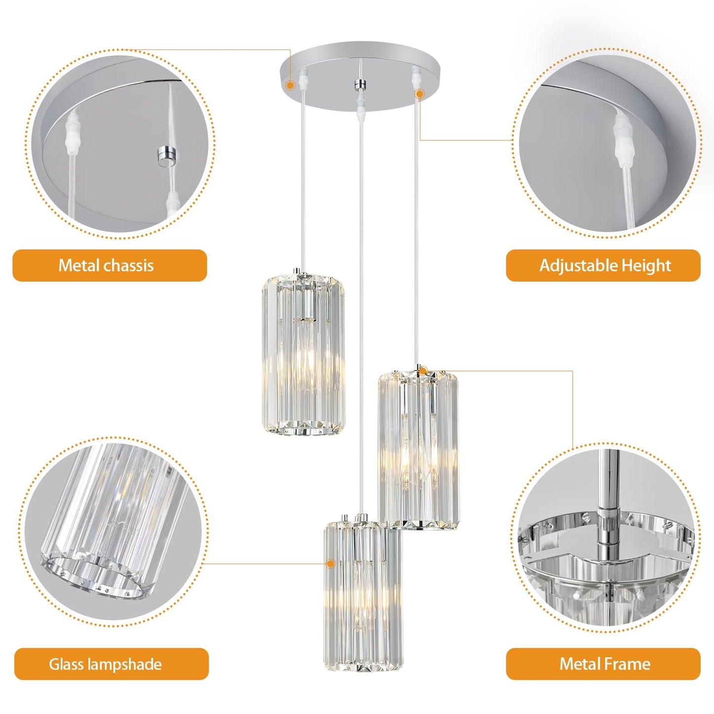 Zhllmq Chrome Pendant Lighting Modern Pendant Light  Mini Crystal Chandeliers Adjustable Pendant Light Fixture For Kitchen Island Dinning Room Corridor Bedroom(Gold 3-Light)