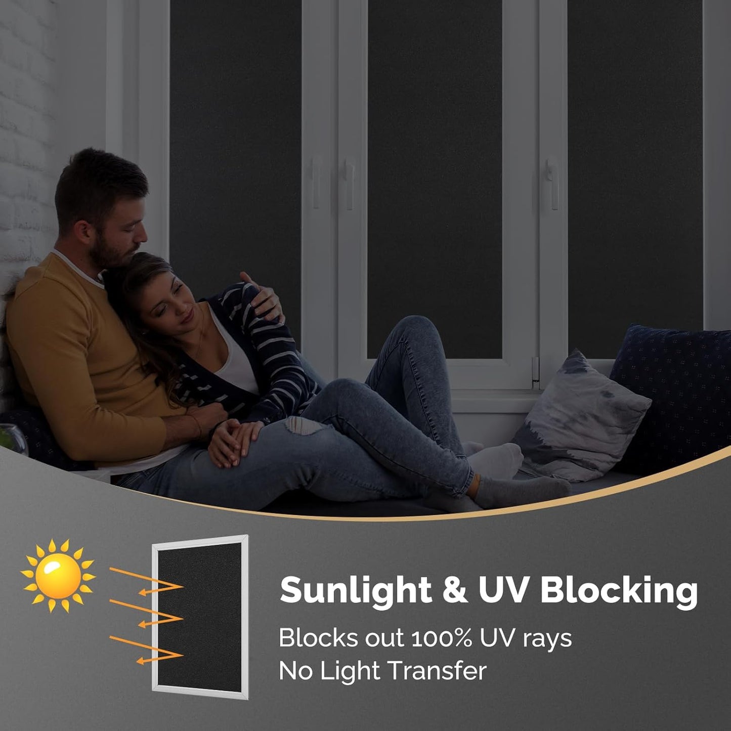 DOWELL Blackout Window Film, 100% Light Sun Blocking Static Cling Frosted Privacy Film for Glass, Heat Control Removable Window Tint, Room Darkening Cover for Day Sleep, Black, 35.4" x 157.5"