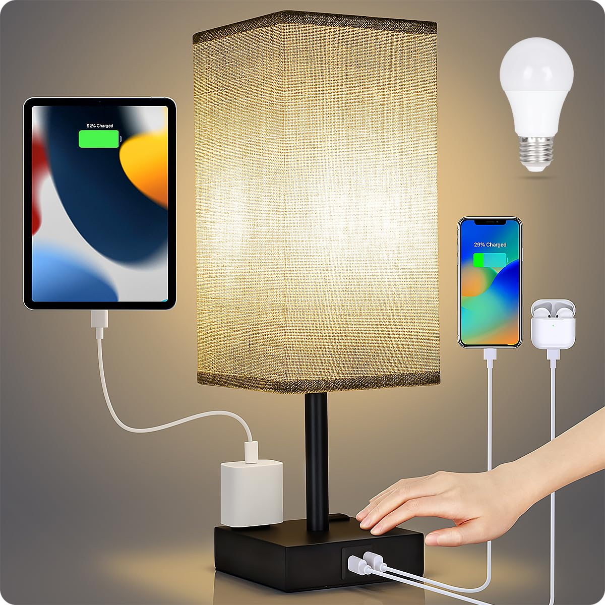 Soilsiu Bedside Lamp - Touch Control Table Lamp With Usb C+A Ports, 3-Way Dimmable, 4.3 Width, Gray, Led Bulb Included, Model
