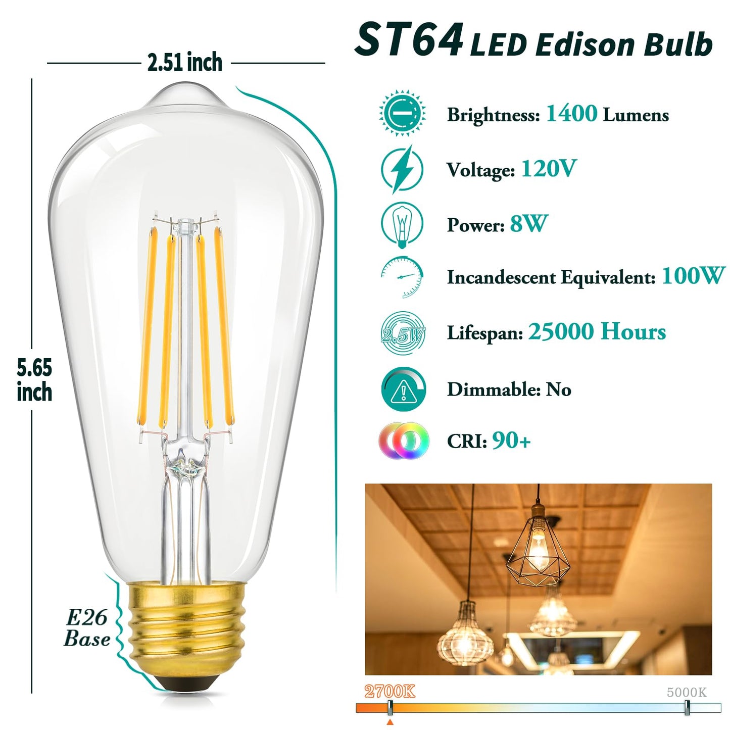4-Pack Vintage 8W ST64 LED Edison Light Bulbs 100W Equivalent, 1400LM E26 Light Bulbs, 2700K Warm White, Antique Filament LED Bulbs, CRI 90+, Clear Glass, Great Bulb for Home, Bedroom, Non-Dimmable