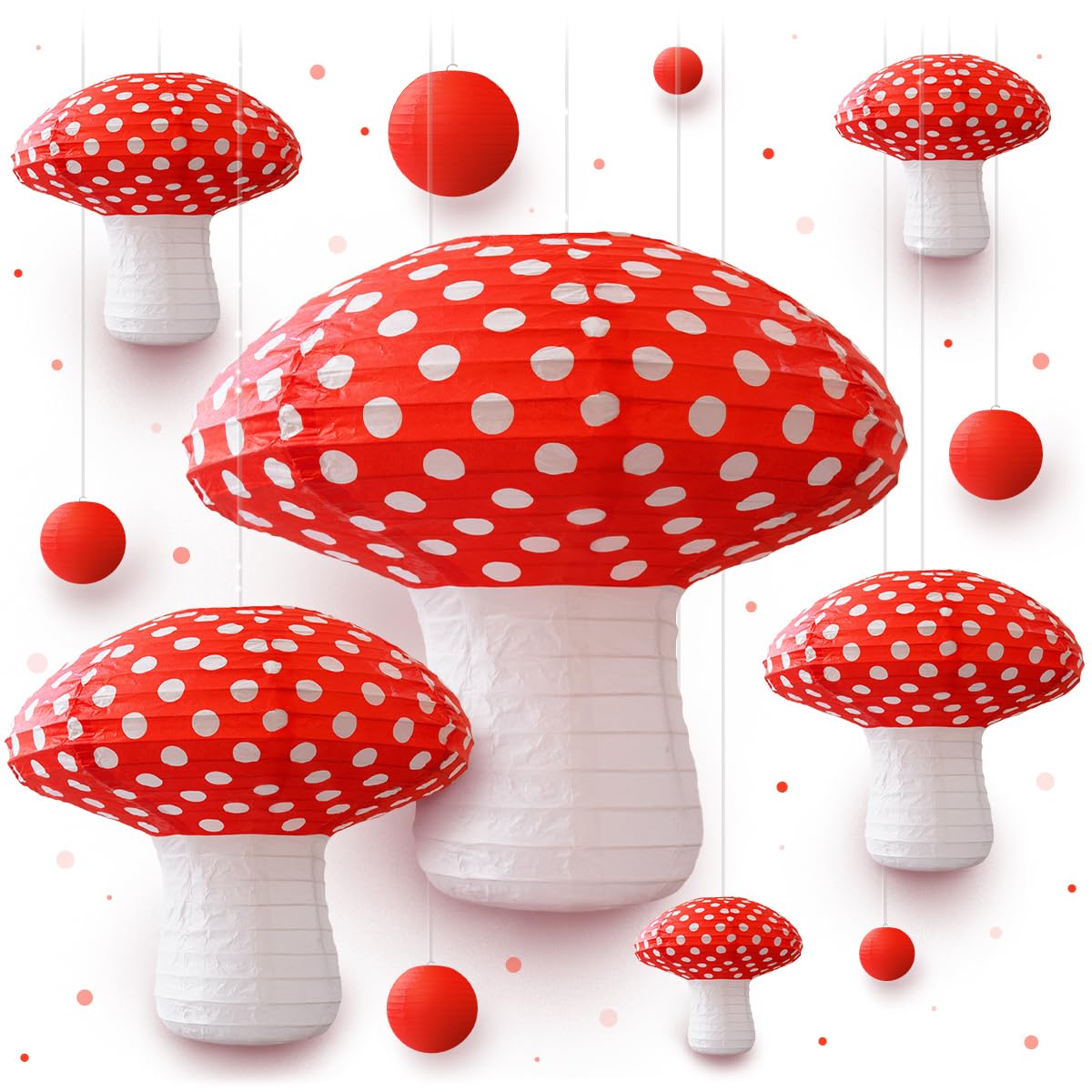 Avoseta Mushroom Paper Lanterns, 12 pcs, Red and White, Large Decorations for Fairy Tea Party and Garden Party, Model: avoseta-lanterns-mushroom