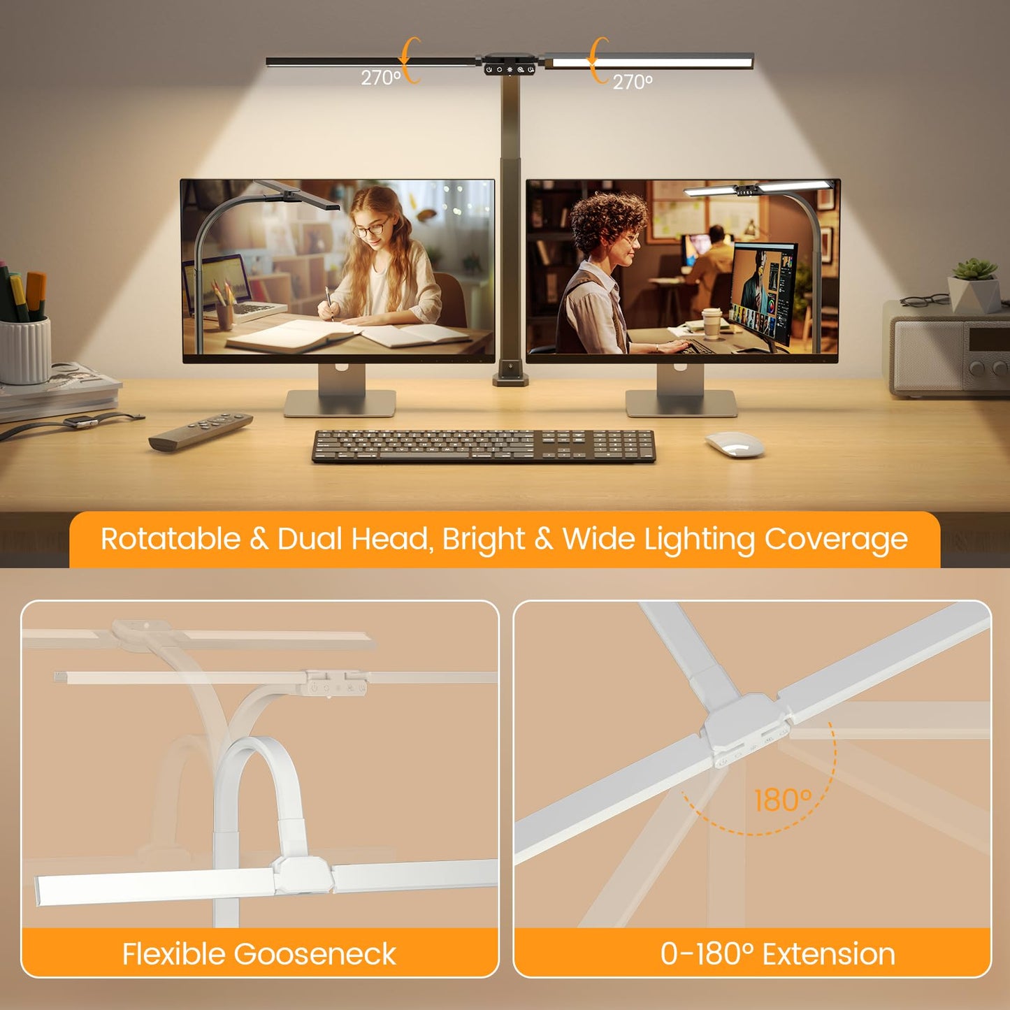 SIBRILLE LED Desk Lamp, Dimmable Dual Head, RGB, Rotatable, Remote Control, 22W, White, Model HL10
