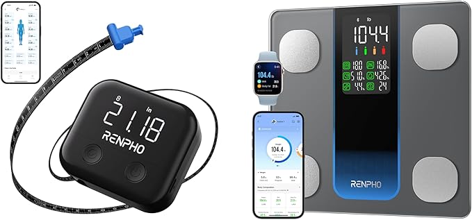 RENPHO Smart Scale for Body Weight with 7-in-1 Large Display, RENPHO Rechargeable Smart Body Measuring Tape
