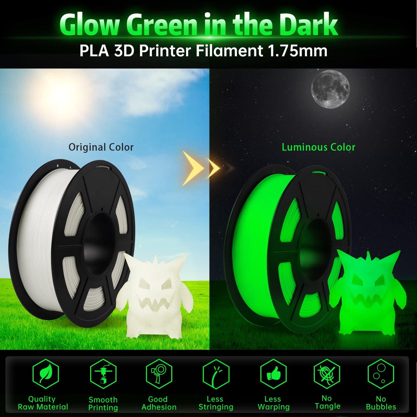 SUNLU Glow in The Dark PLA Filament, Neatly Wound Luminous PLA 3D Printer Filament 1.75mm Dimensional Accuracy +/- 0.02mm, Fit Most FDM 3D Printers, 1kg Spool (2.2lbs), (White PLA, Glow Green)