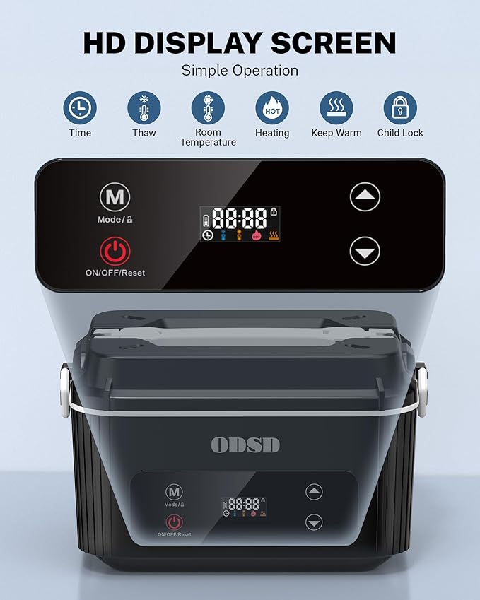 ODSD Cordless Electric Lunch Box for Adults, Heated Lunch Box 130min Battery Life, Self-Heating Portable Electric Food Warmer with 1.2L SS Container for Truck, Office, or Outdoor Worksite